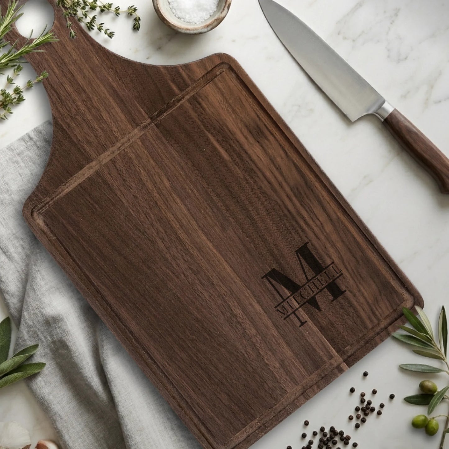 Paddle Cutting Board Walnut with Drip for TIB