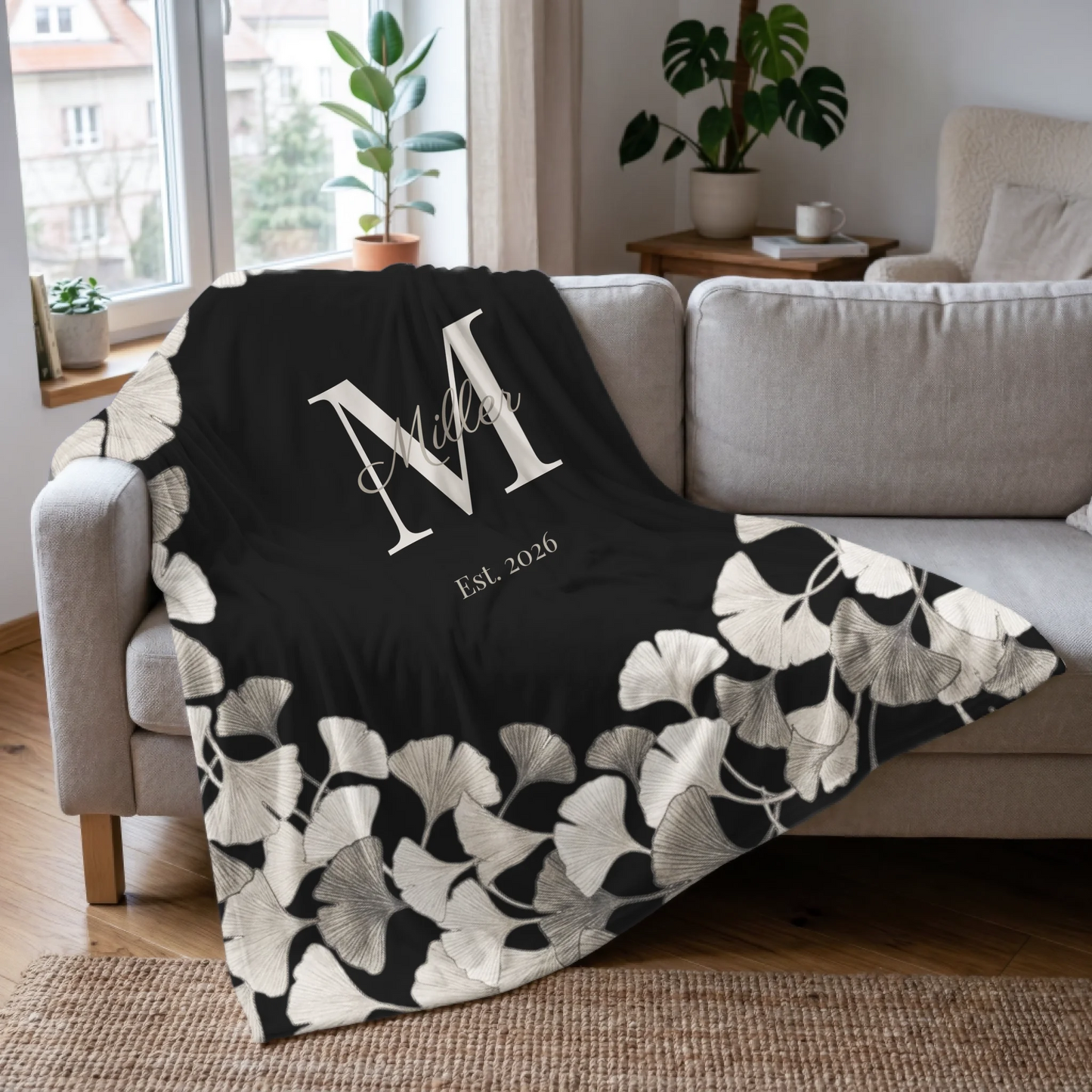 Ginkgo Leaves Blanket with Monogram, Family Name & Established Date - Personalized