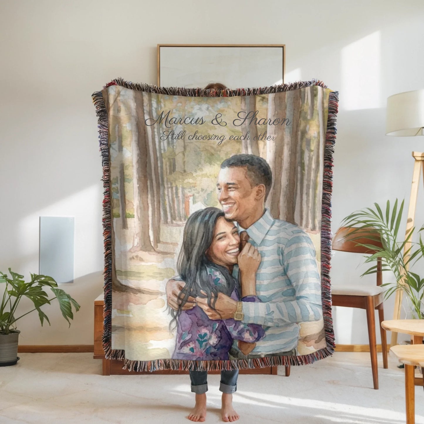 Personalized Watercolor Photo Blanket – Custom Picture Throw with Names & Personalized Message