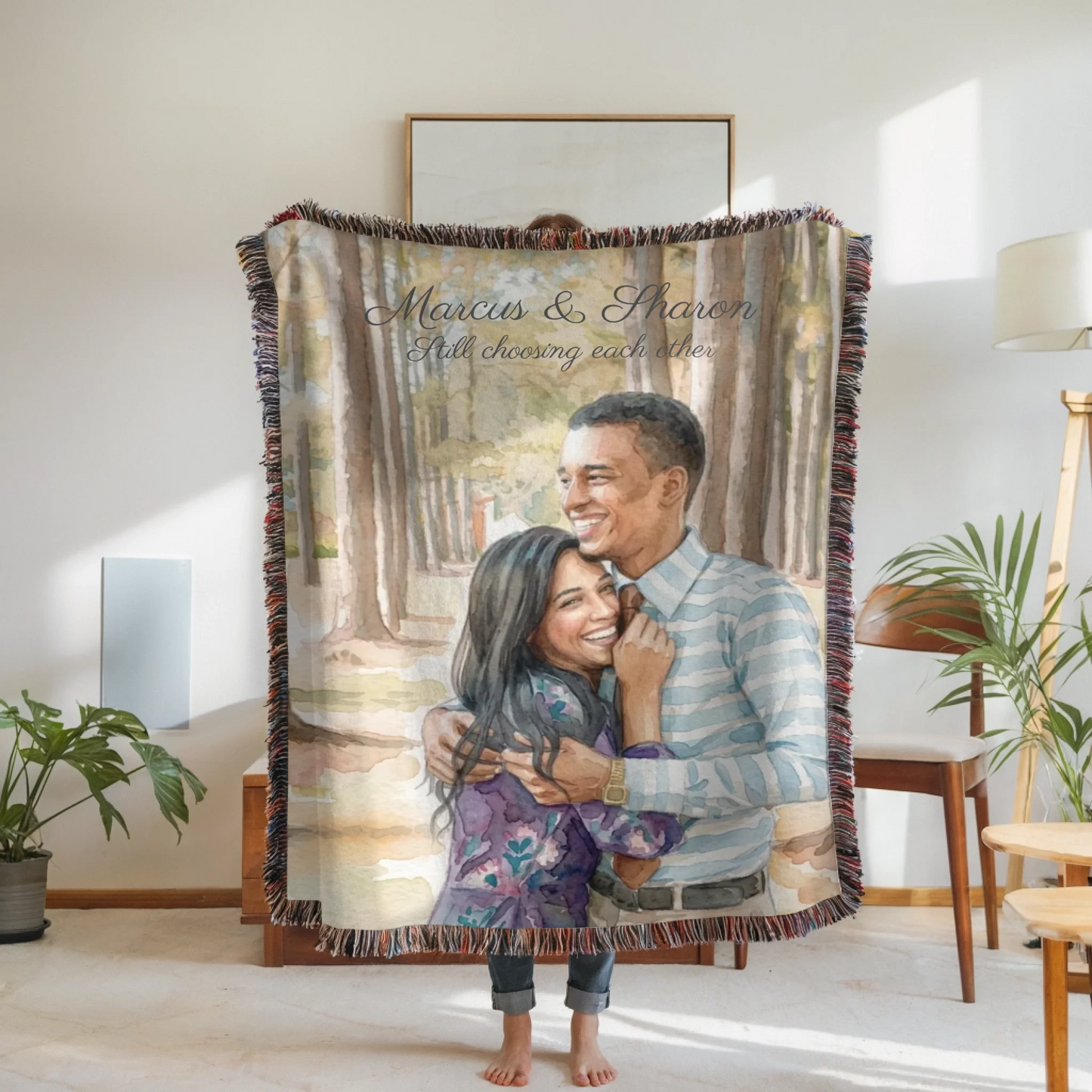 Woven Blanket Woman Holding for use as mockup within TeeinBlue-Background