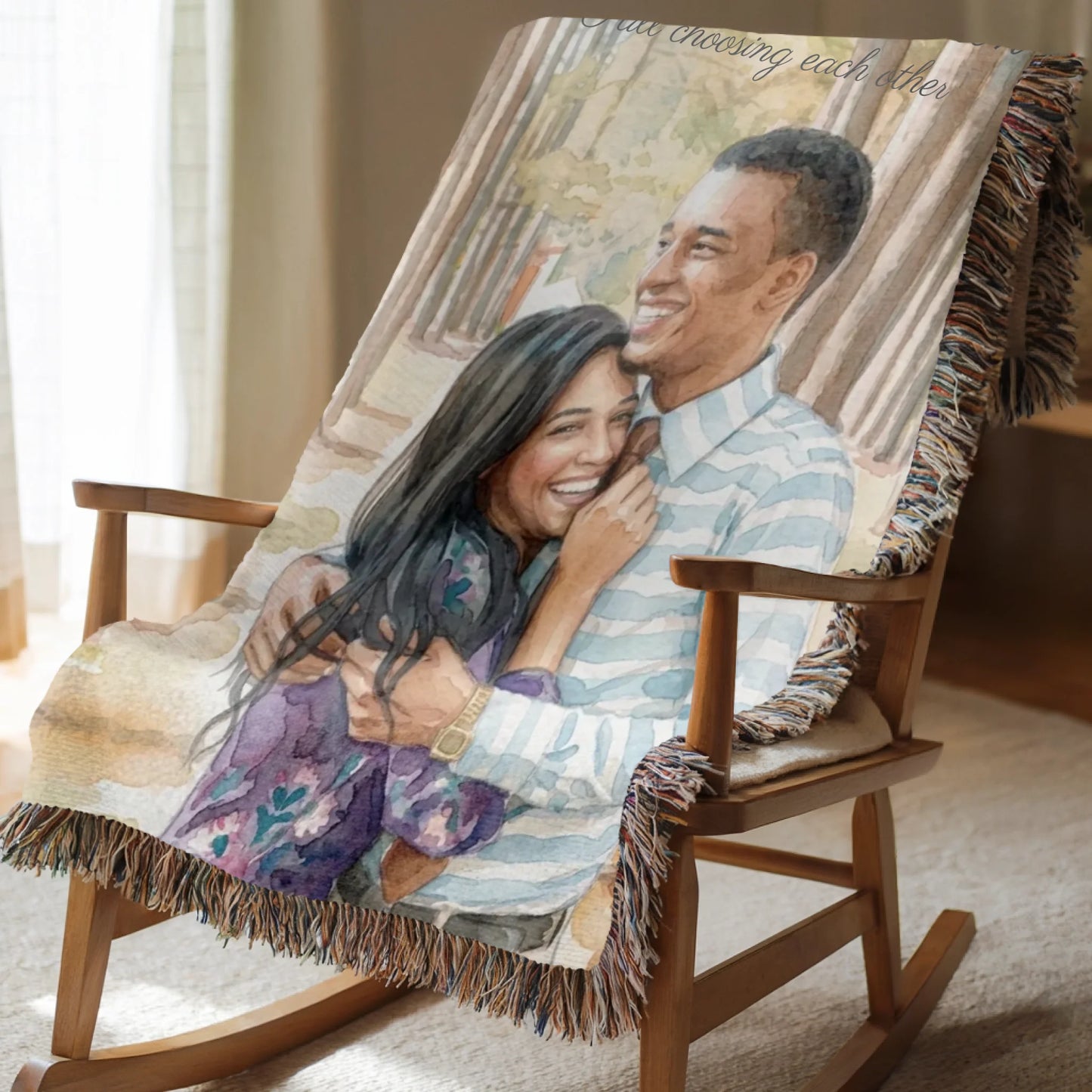 Personalized Watercolor Photo Blanket – Custom Picture Throw with Names & Personalized Message