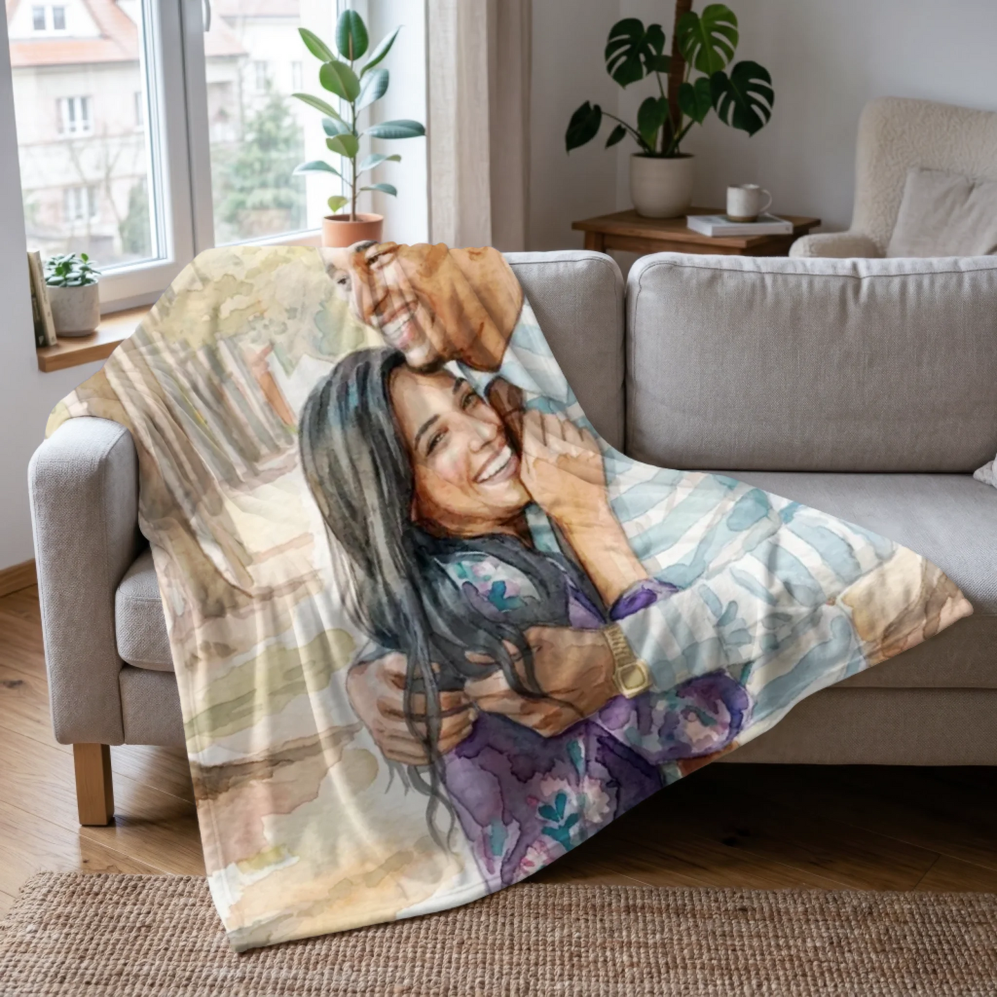 Personalized Watercolor Photo Blanket – Custom Picture Throw with Names & Personalized Message