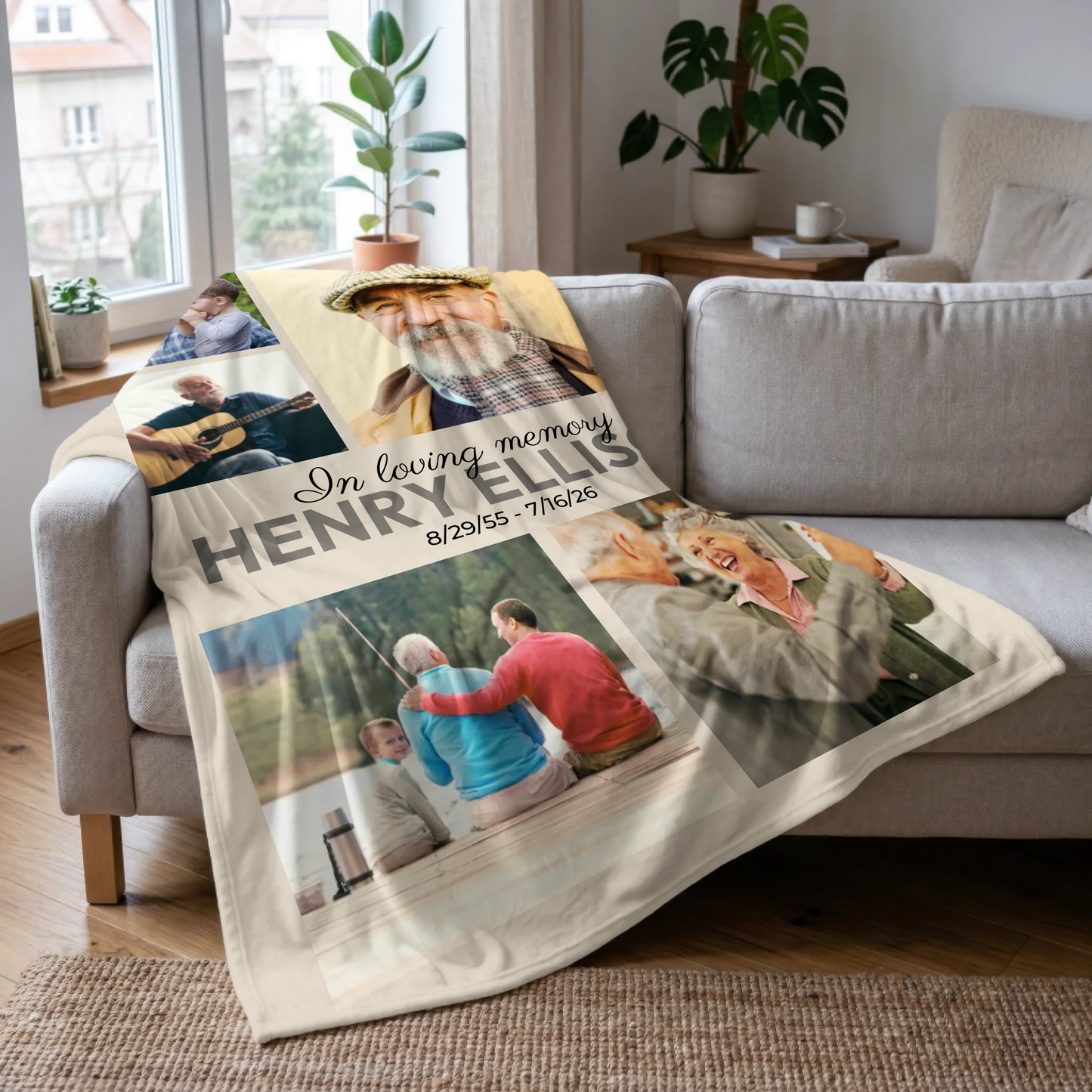 In Loving Memory Blanket 5-Photo Collage with Name & Memorial Dates - Personalized