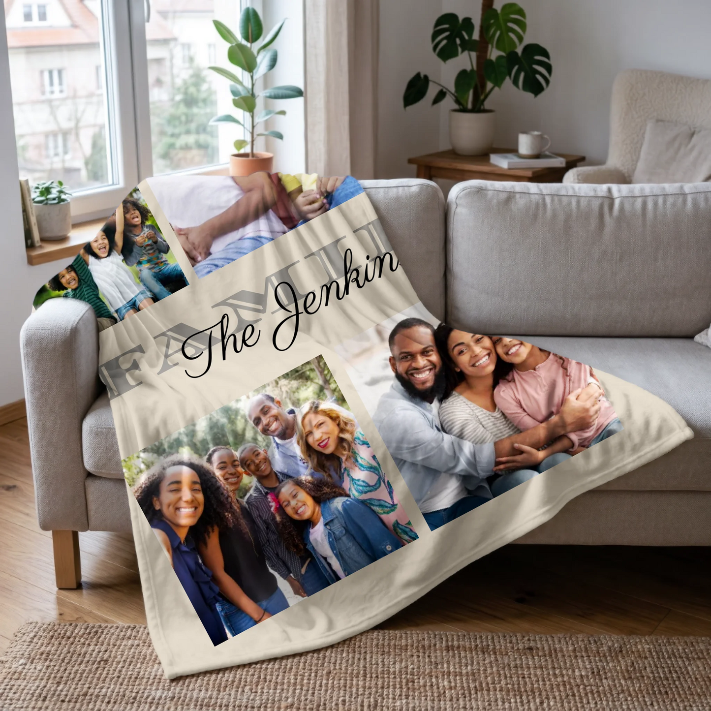Family 5-Photo Collage Blanket with Last Name - Personalized