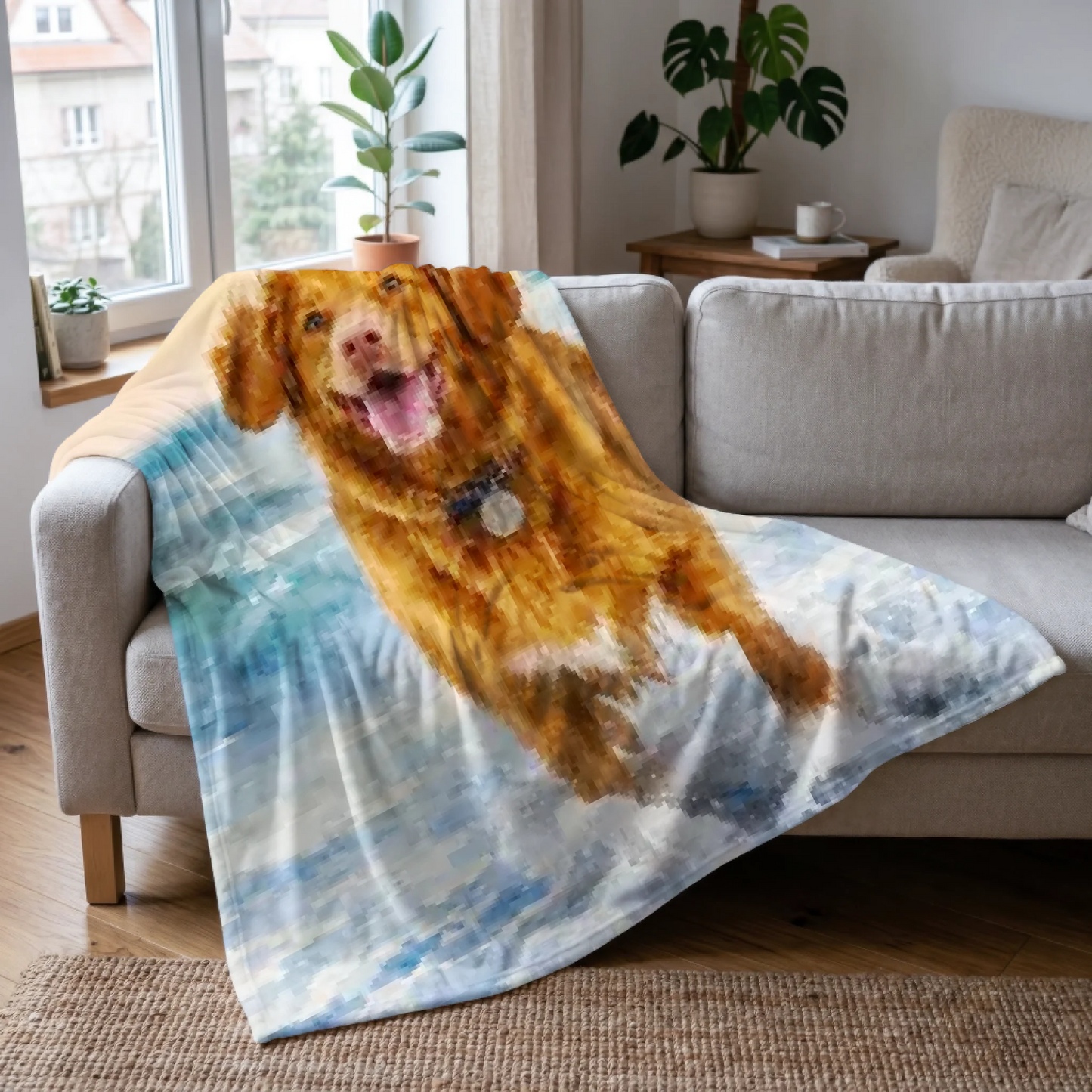 Watercolor Pet Scene Blanket With Pet Name - Made From Your Pet's Photo - Personalized