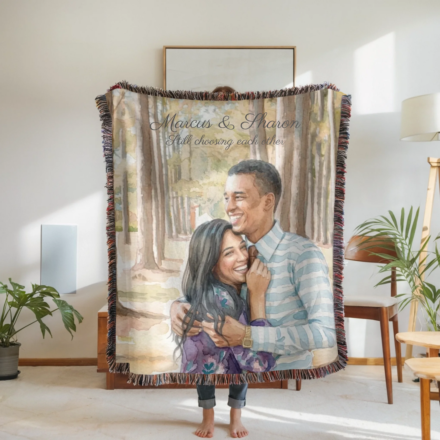 Woven Blanket Woman Holding for use as mockup within TeeinBlue-Background