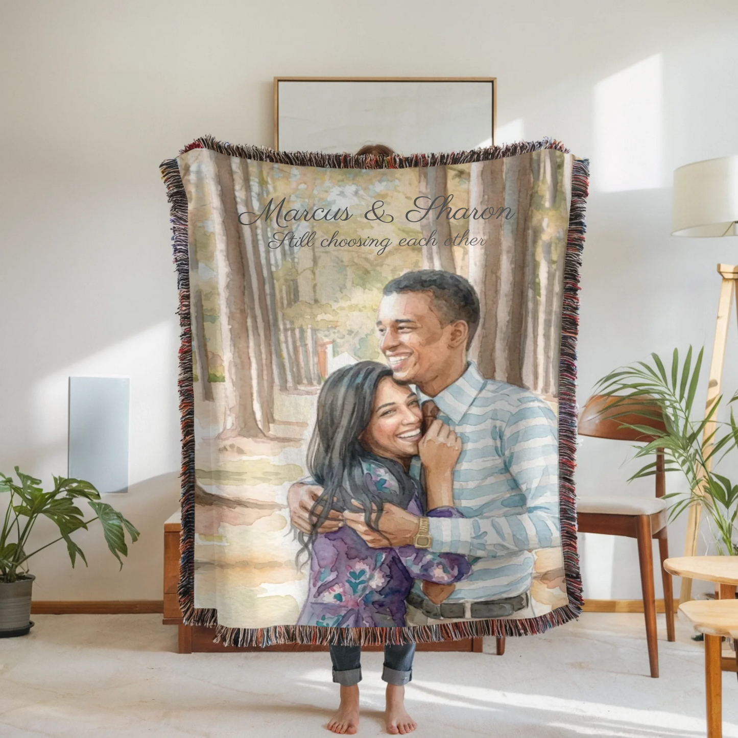 Woven Blanket Woman Holding for use as mockup within TeeinBlue-Background