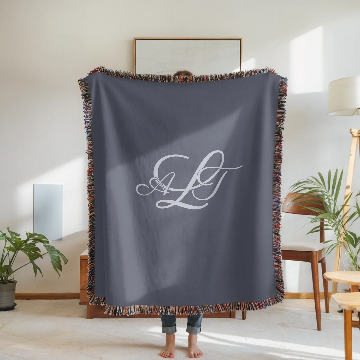 Woven Blanket Woman Holding for use as mockup within TeeinBlue-Background