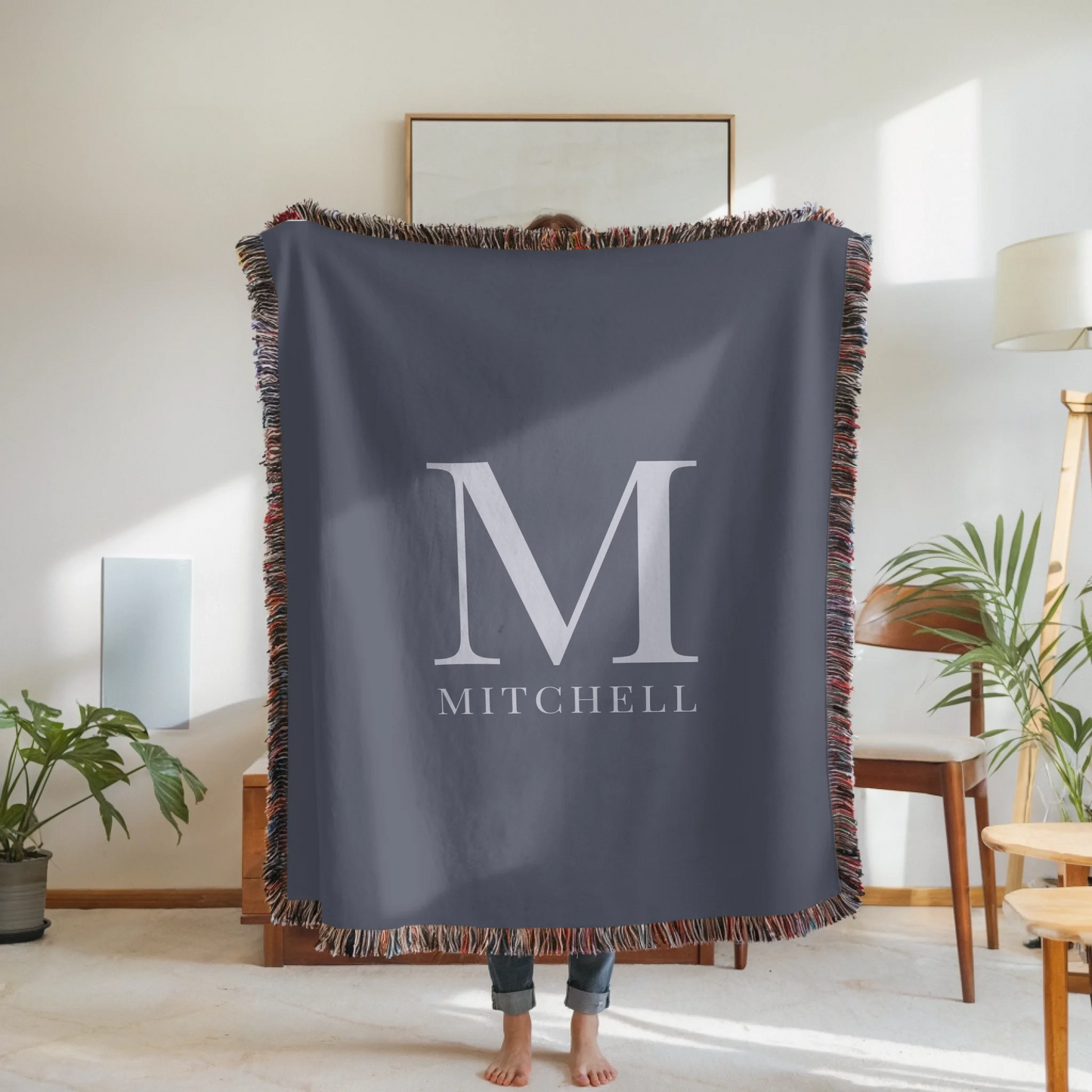 Woven Blanket Woman Holding for use as mockup within TeeinBlue-Background