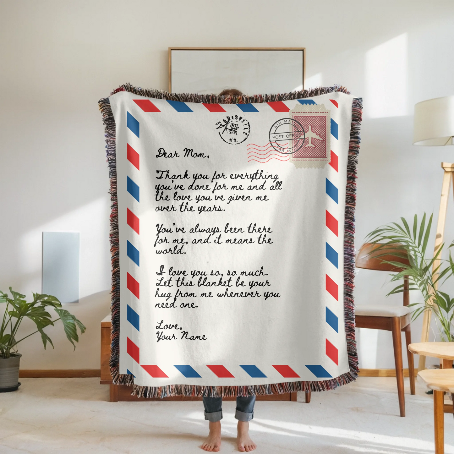 Woven Blanket Woman Holding for use as mockup within TeeinBlue-Background