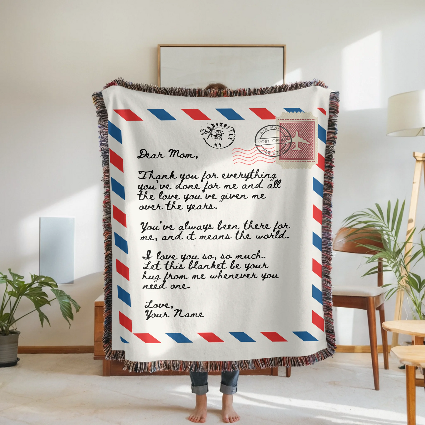Woven Blanket Woman Holding for use as mockup within TeeinBlue-Background