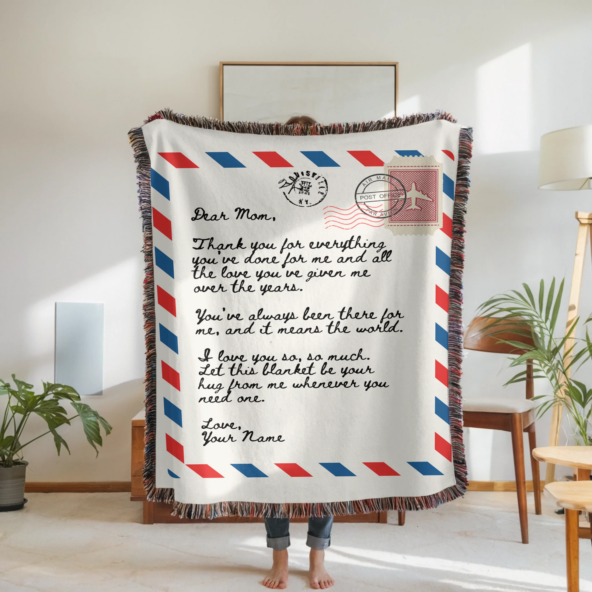 Woven Blanket Woman Holding for use as mockup within TeeinBlue-Background