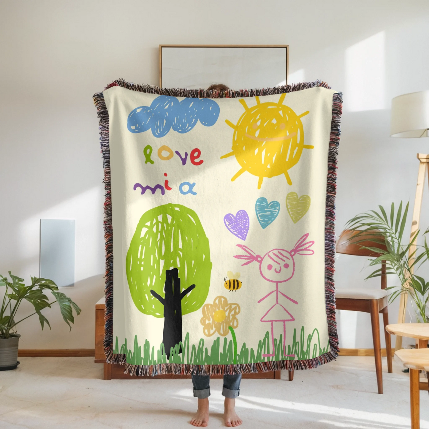 Woven Blanket Woman Holding for use as mockup within TeeinBlue-Background