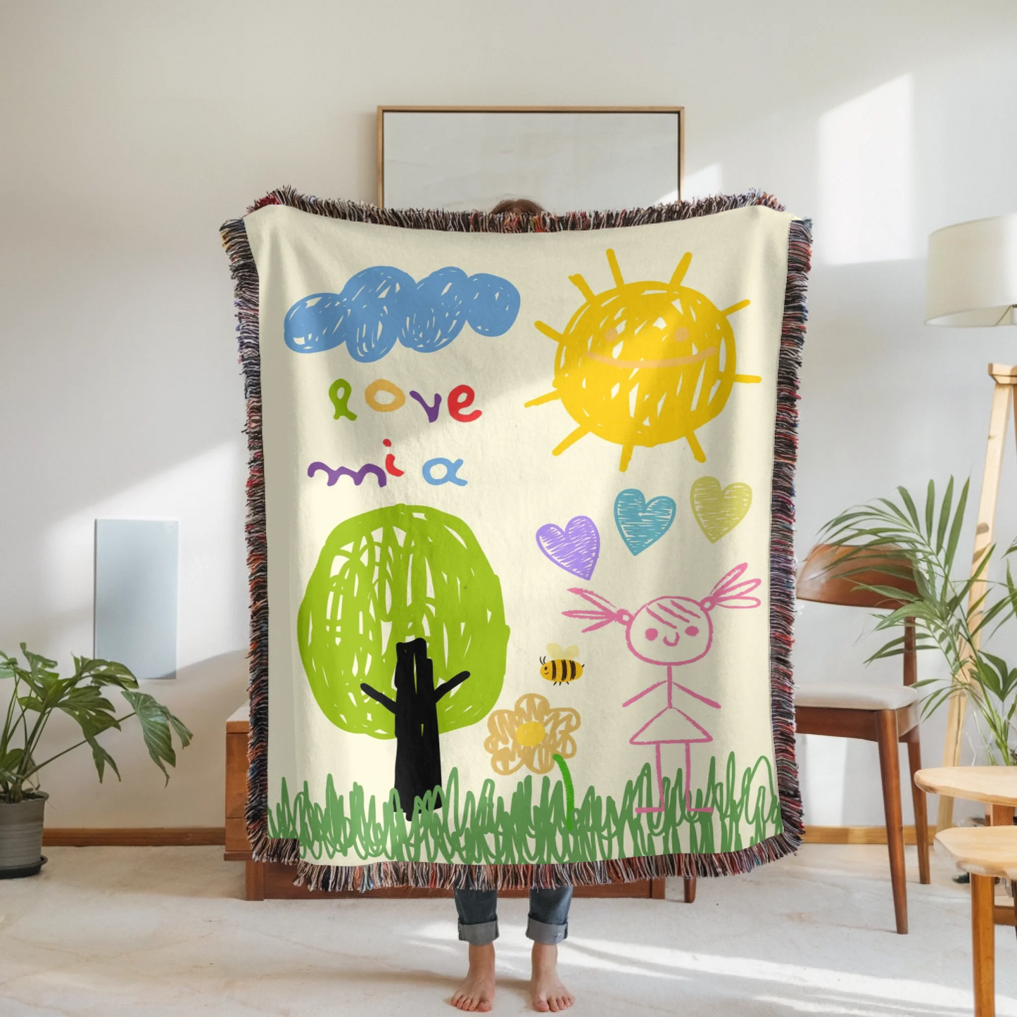Woven Blanket Woman Holding for use as mockup within TeeinBlue-Background