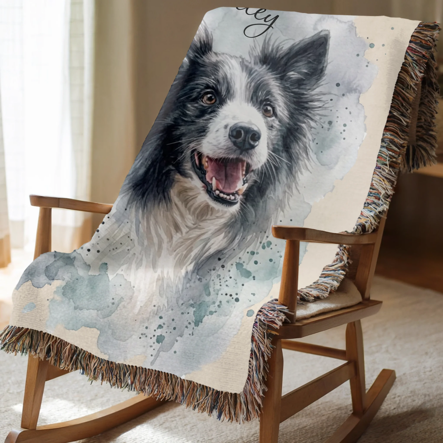 Watercolor Pet Portrait Blanket With Pet Name - Made From Your Pet's Photo - Personalized