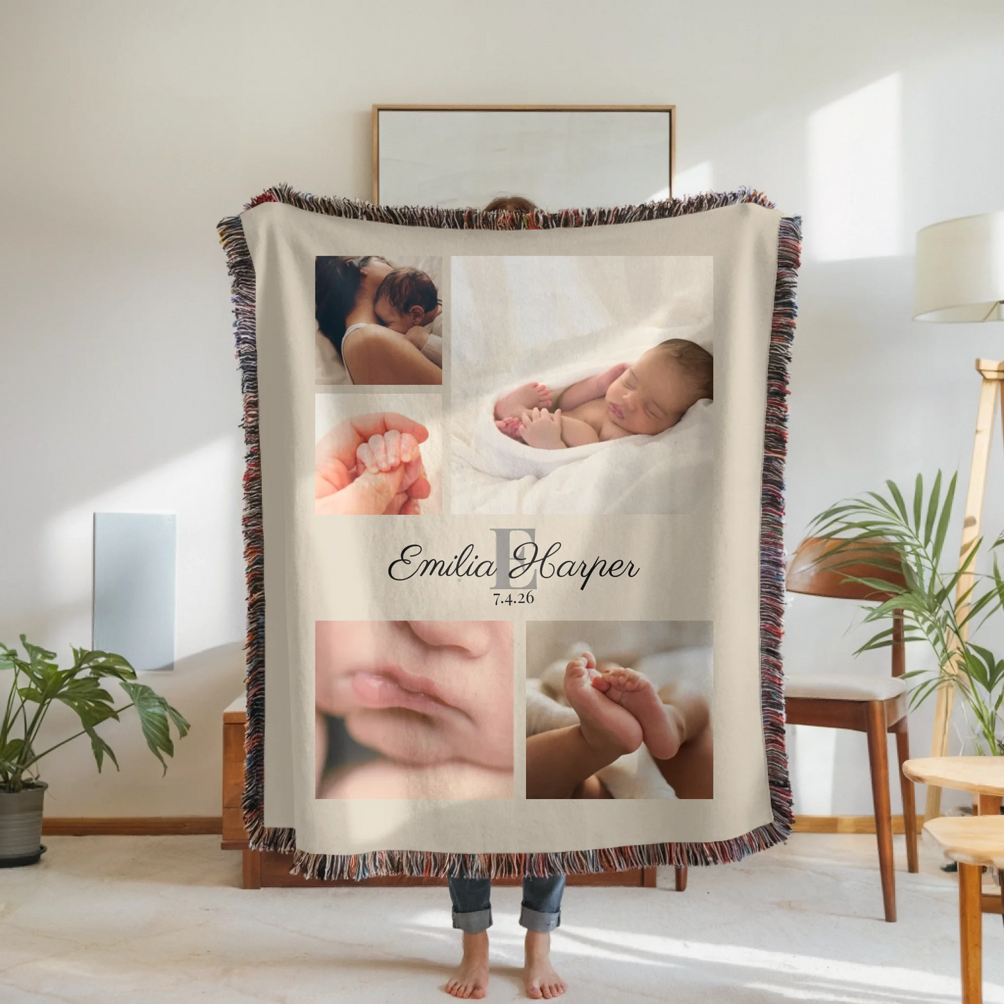 Woven Blanket Woman Holding for use as mockup within TeeinBlue-Background