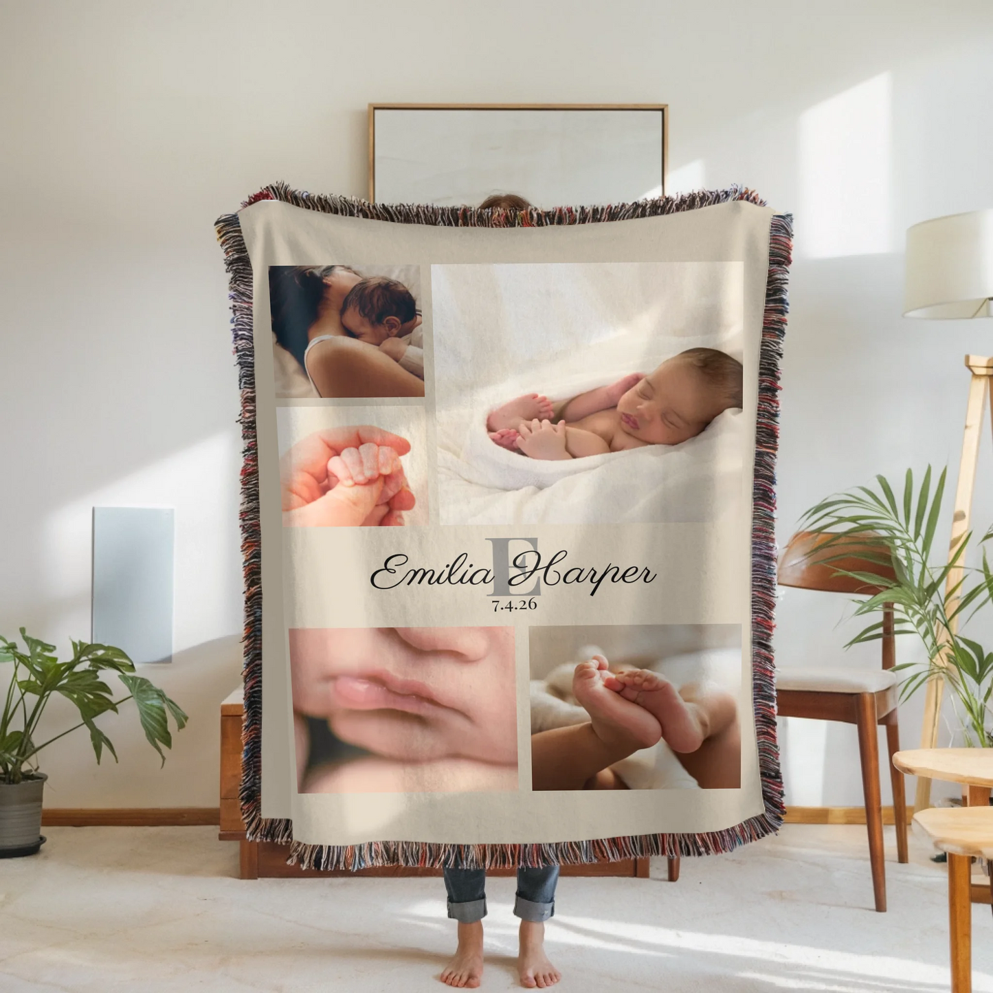 Woven Blanket Woman Holding for use as mockup within TeeinBlue-Background