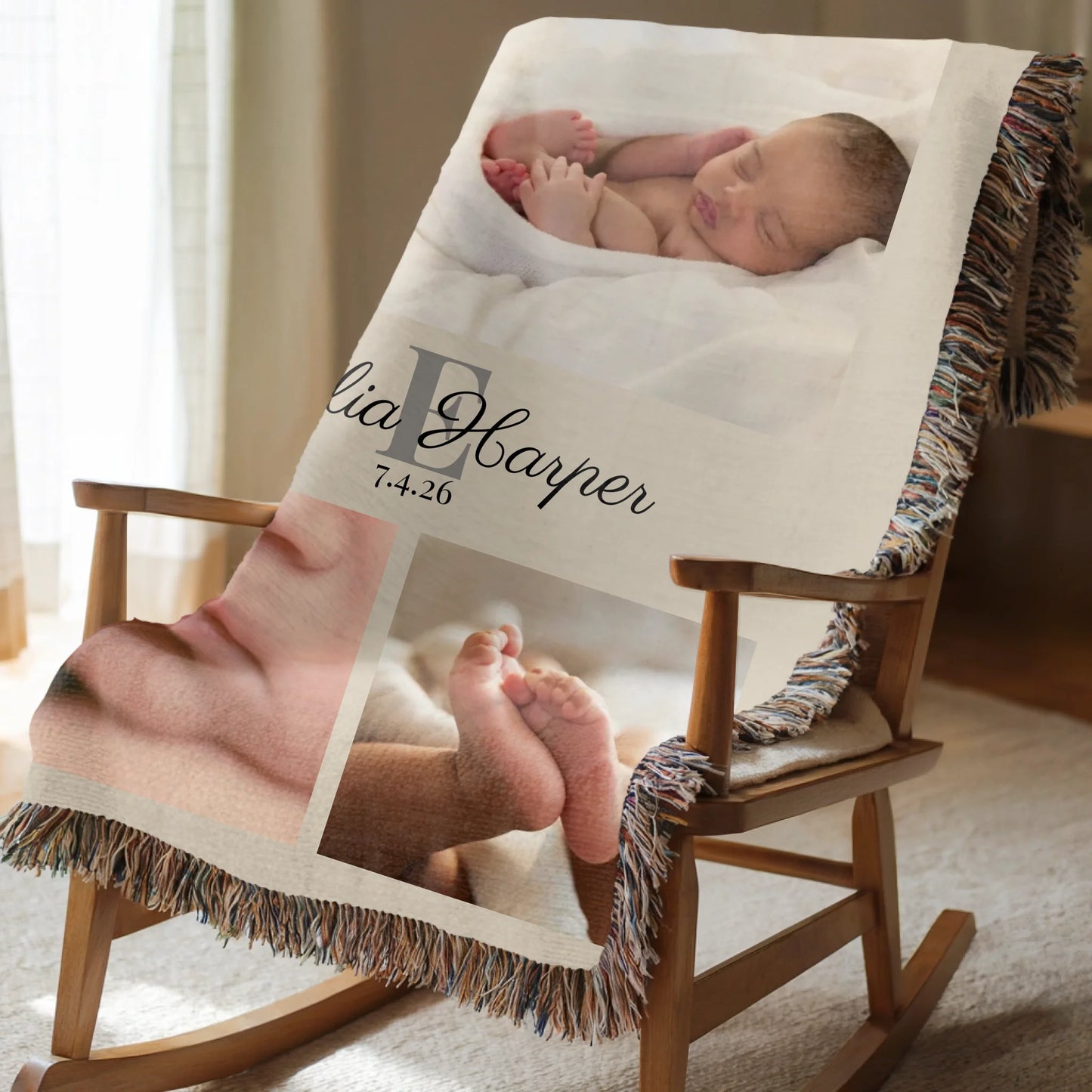 Baby Photo Blanket 5-Photo Collage with Name, Initial & Birth Date - Personalized