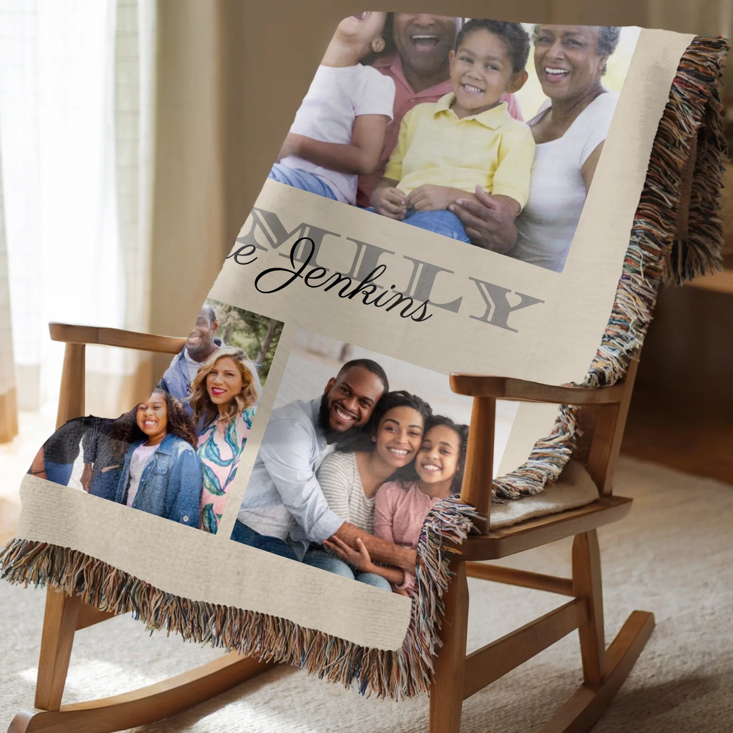 Family 5-Photo Collage Blanket with Last Name - Personalized