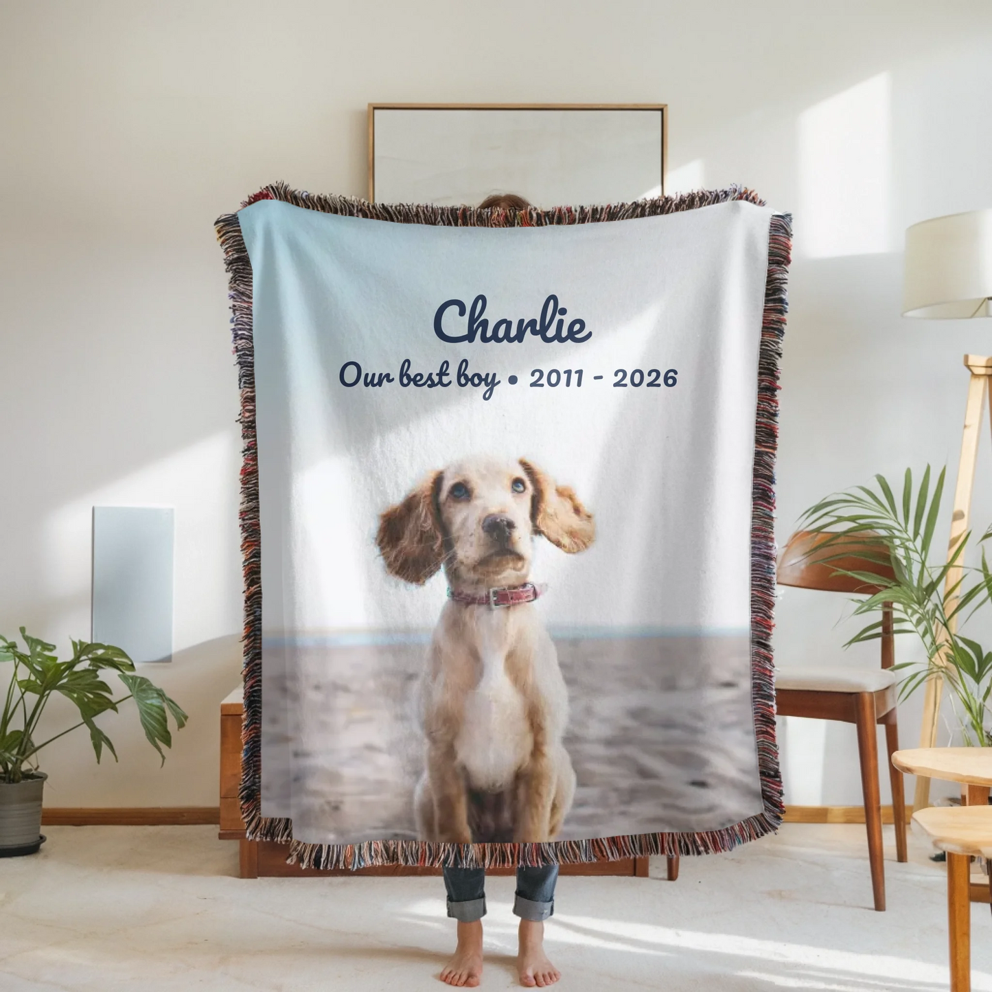 Woven Blanket Woman Holding for use as mockup within TeeinBlue-Background