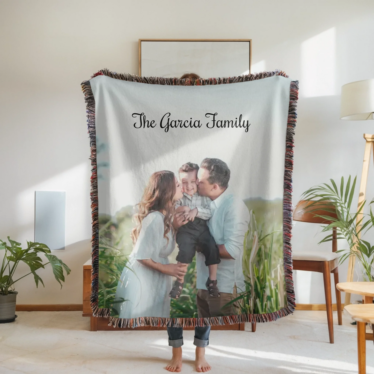 Woven Blanket Woman Holding for use as mockup within TeeinBlue-Background