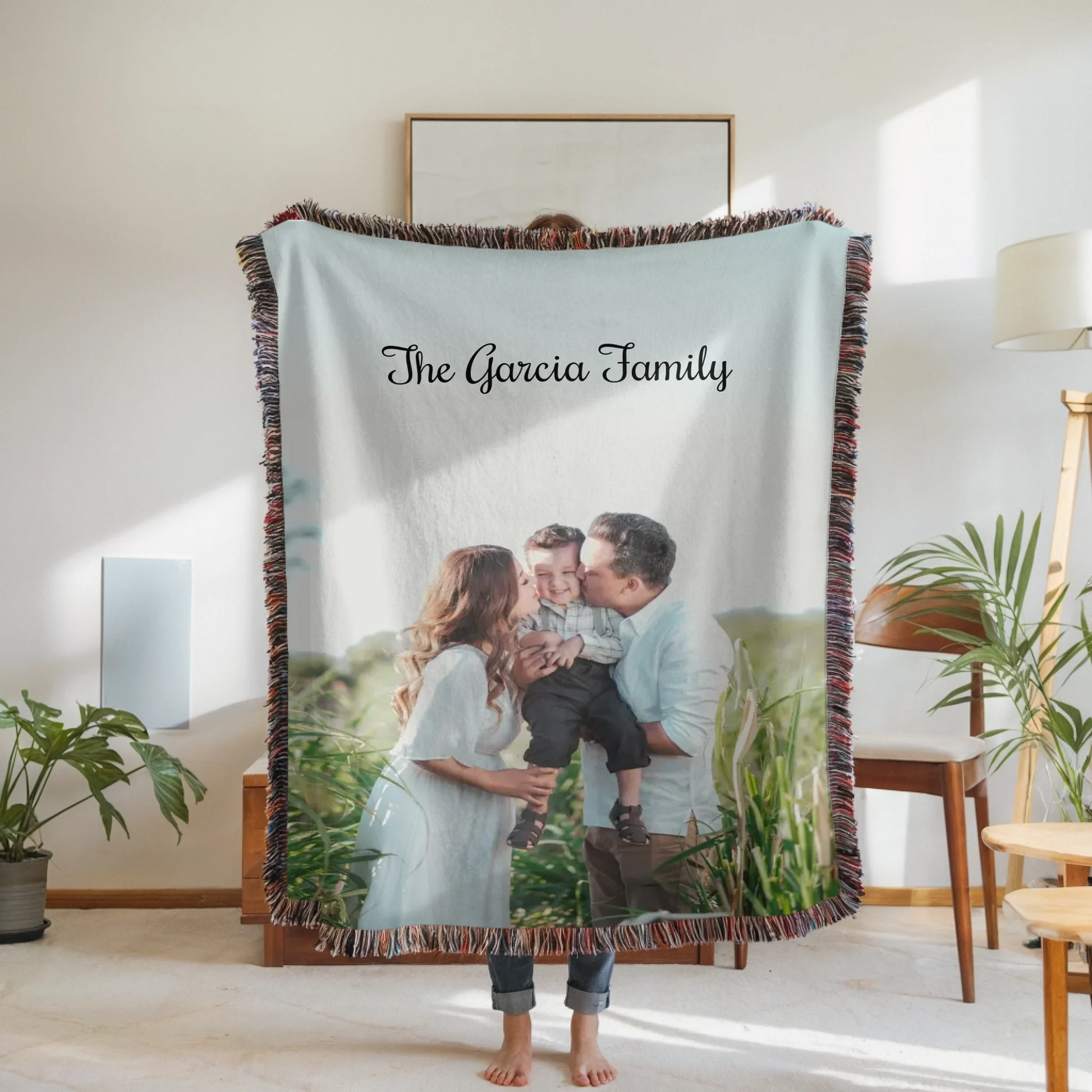 Woven Blanket Woman Holding for use as mockup within TeeinBlue-Background
