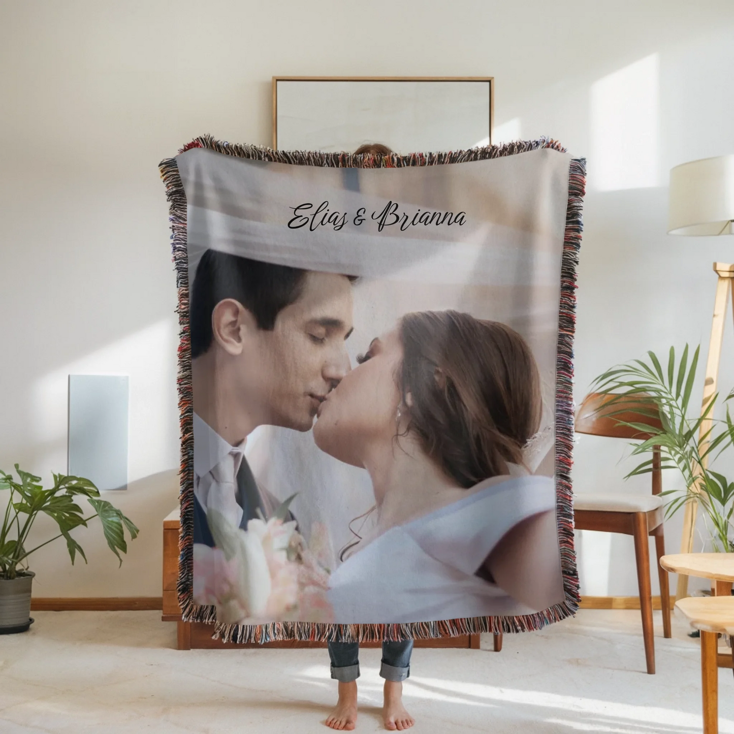 Woven Blanket Woman Holding for use as mockup within TeeinBlue-Background