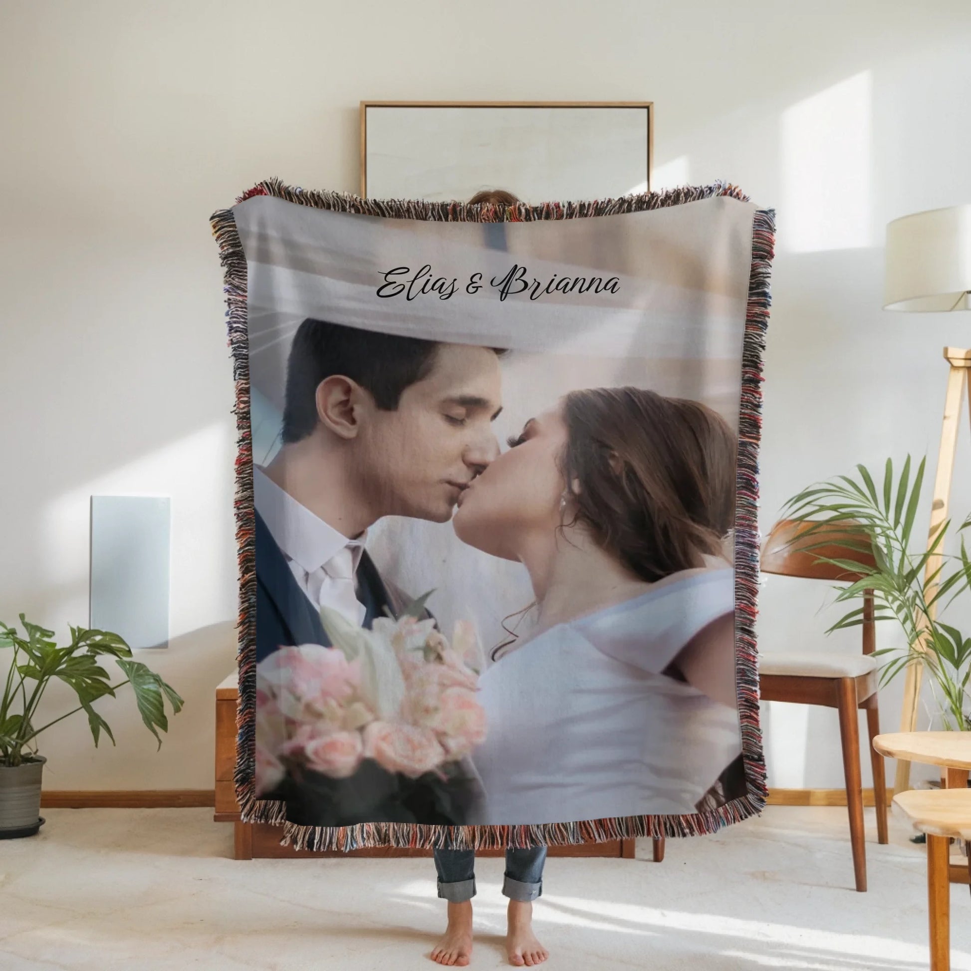 Woven Blanket Woman Holding for use as mockup within TeeinBlue-Background