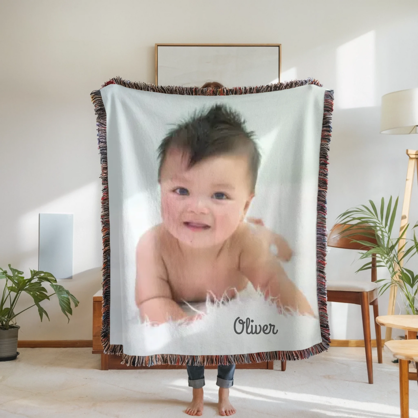 Woven Blanket Woman Holding for use as mockup within TeeinBlue-Background