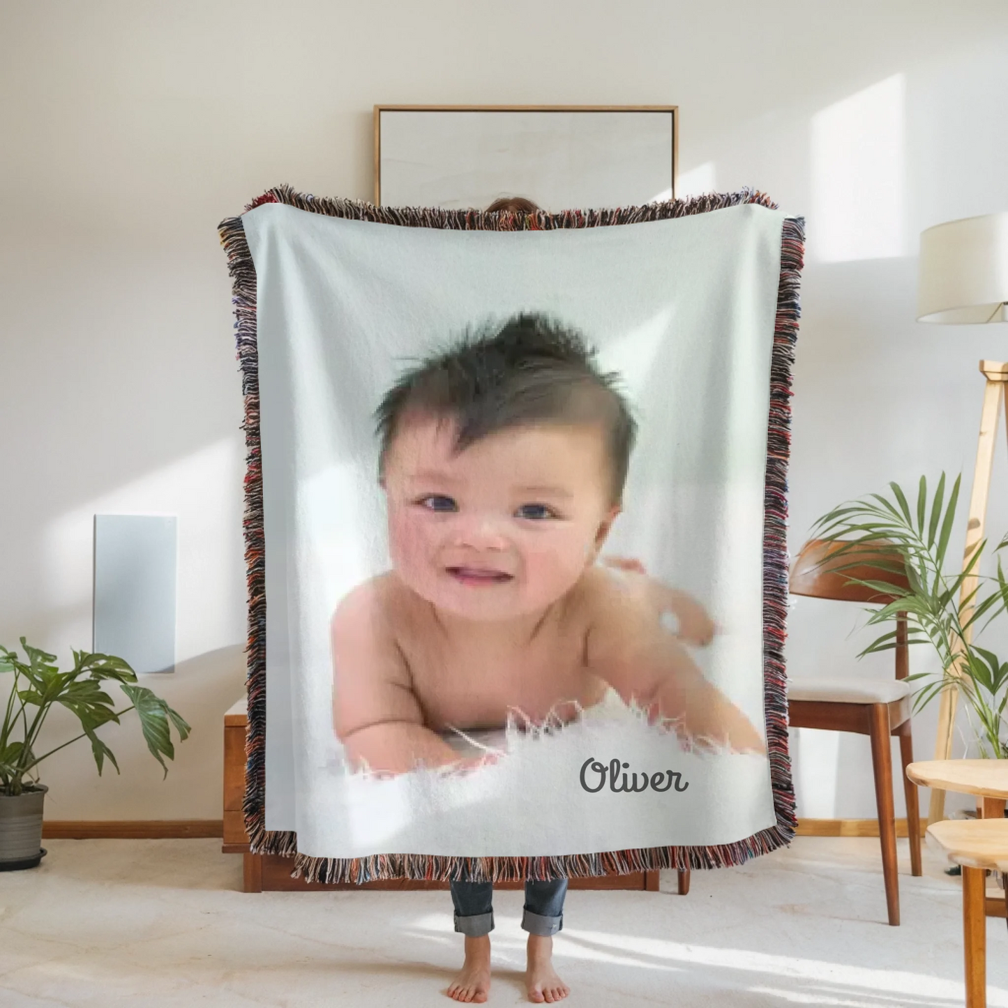 Woven Blanket Woman Holding for use as mockup within TeeinBlue-Background