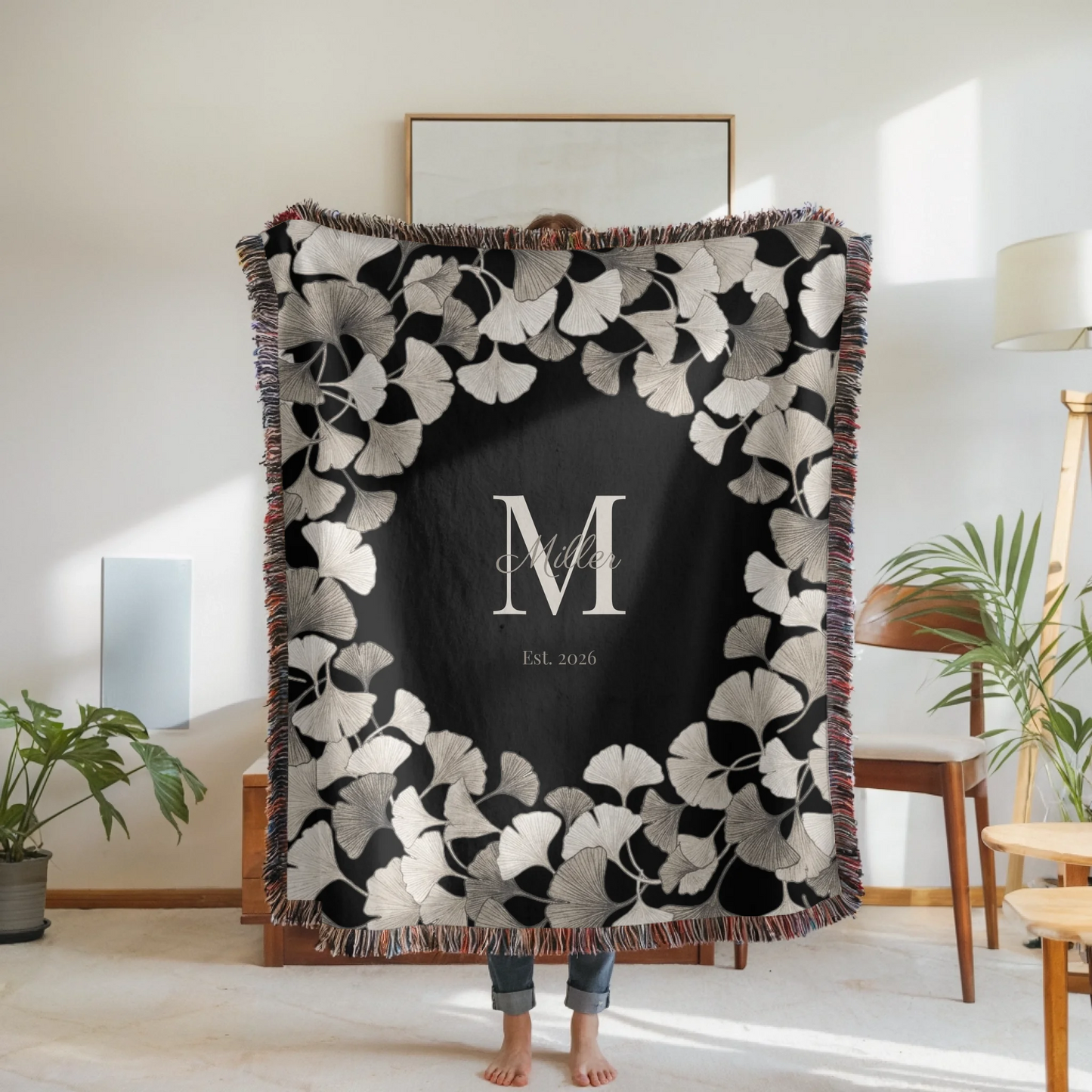 Woven Blanket Woman Holding for use as mockup within TeeinBlue-Background