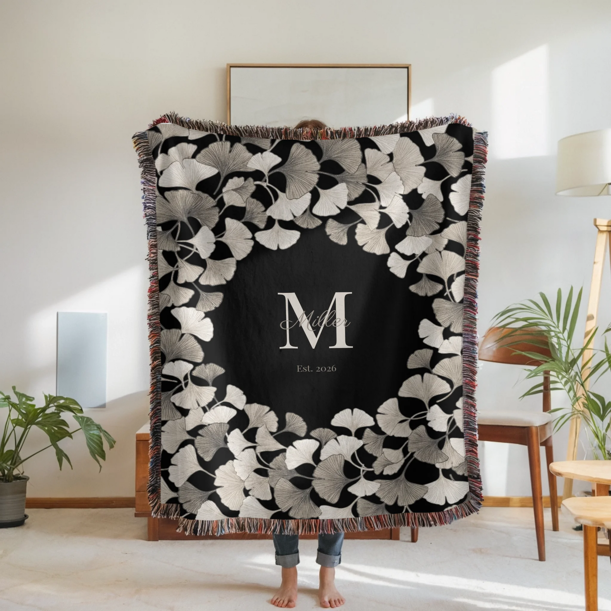 Woven Blanket Woman Holding for use as mockup within TeeinBlue-Background