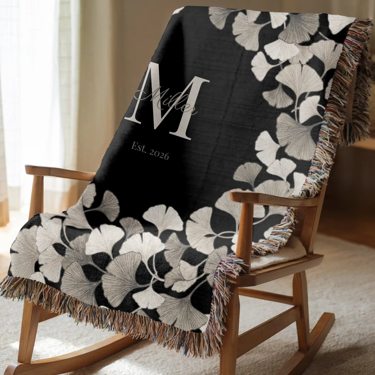 Ginkgo Leaves Blanket with Monogram, Family Name & Established Date - Personalized