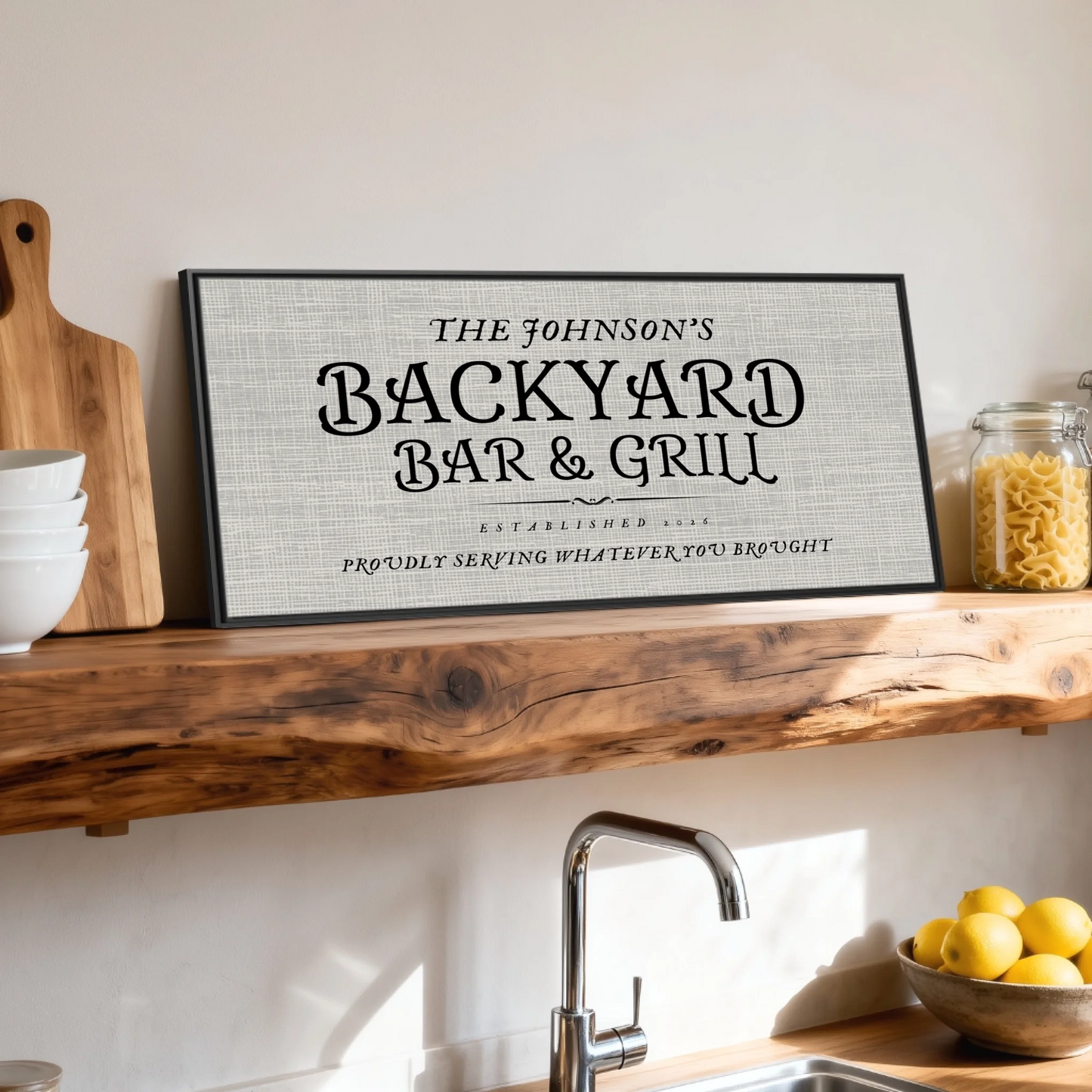 Shelf over kitchen sink black framed wide format 2.1