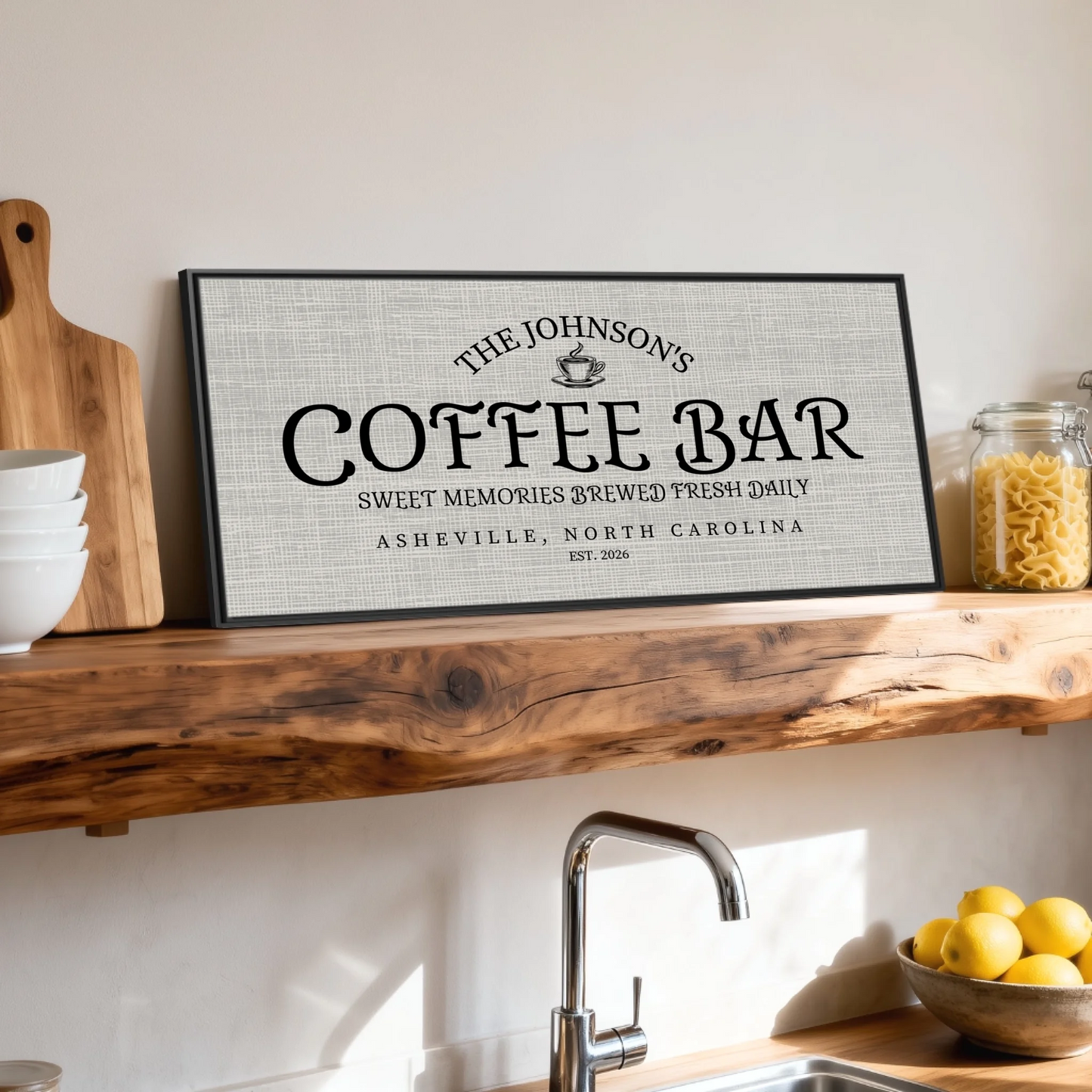 Shelf over kitchen sink black framed wide format 2.1