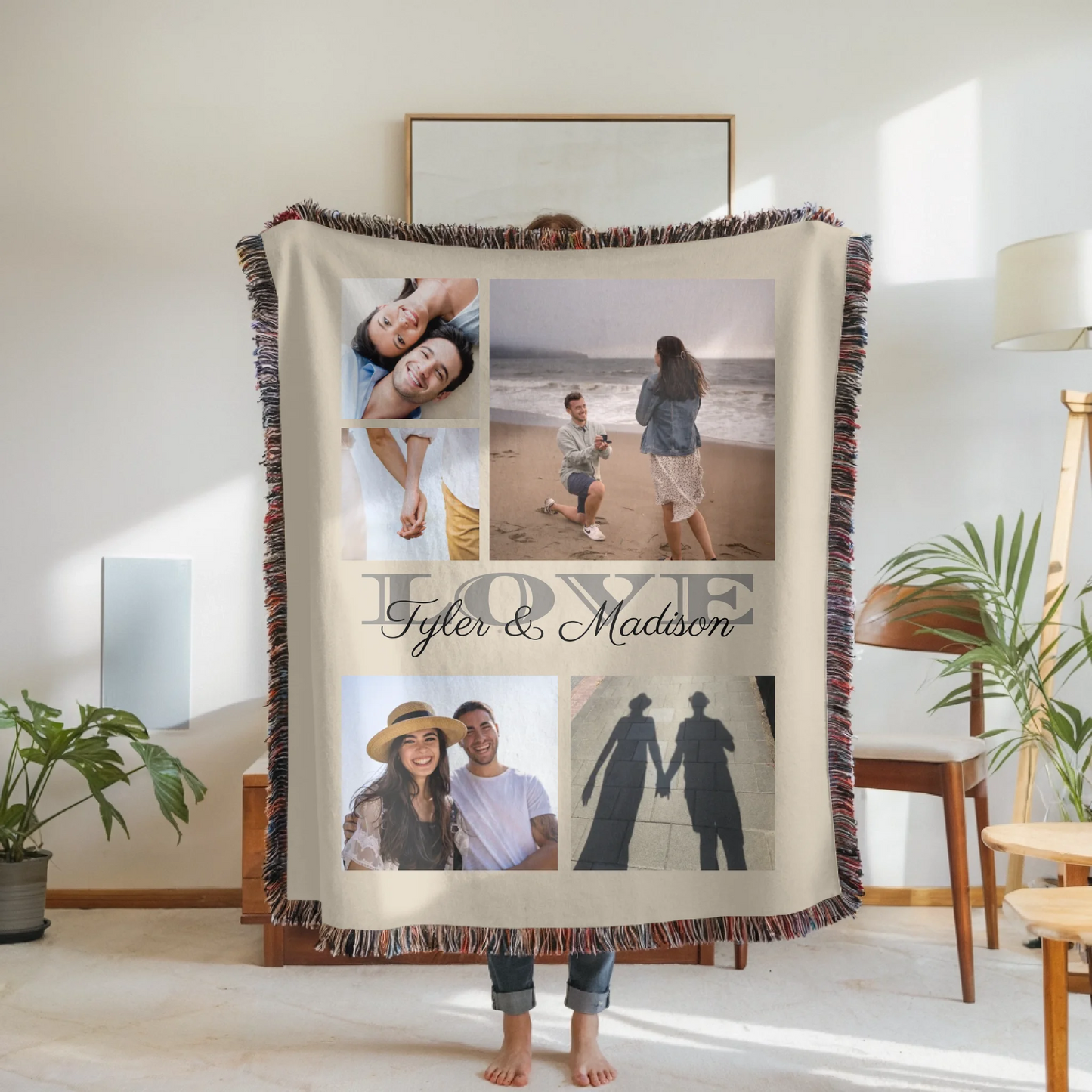 Woven Blanket Woman Holding for use as mockup within TeeinBlue-Background