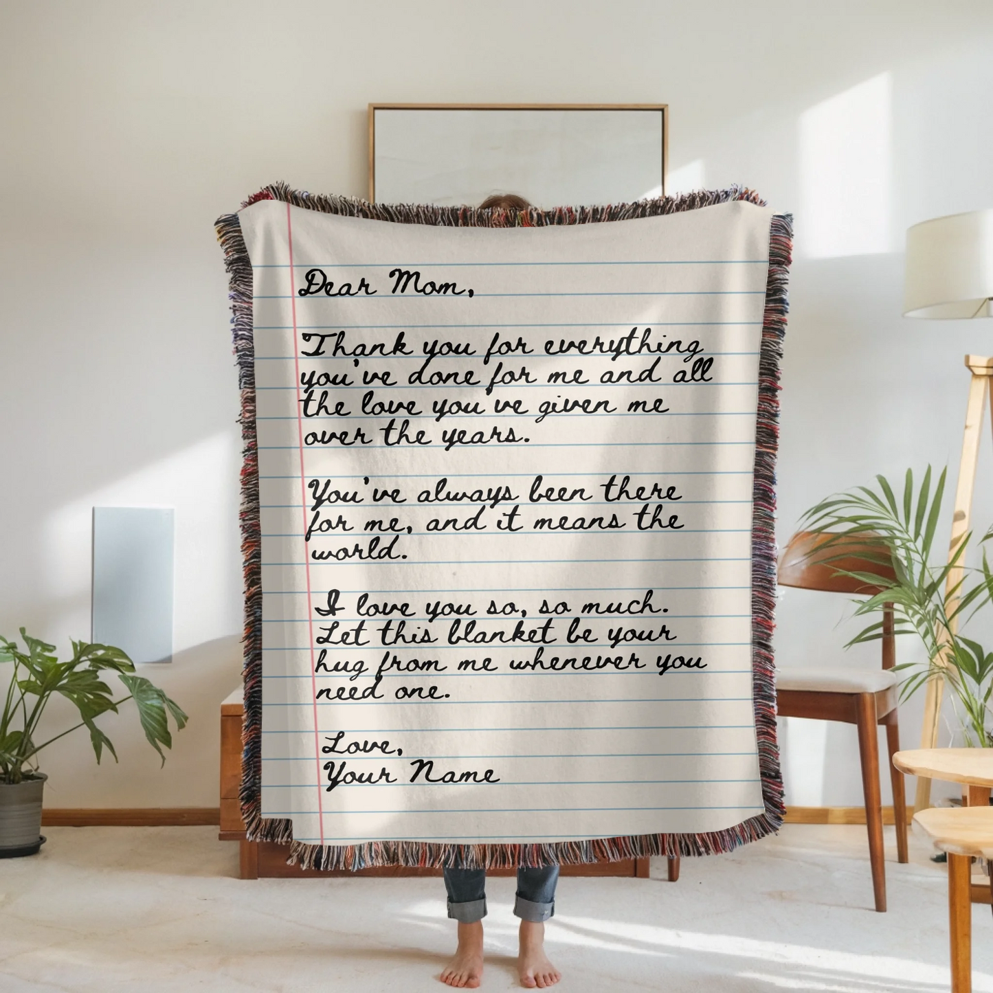 Woven Blanket Woman Holding for use as mockup within TeeinBlue-Background