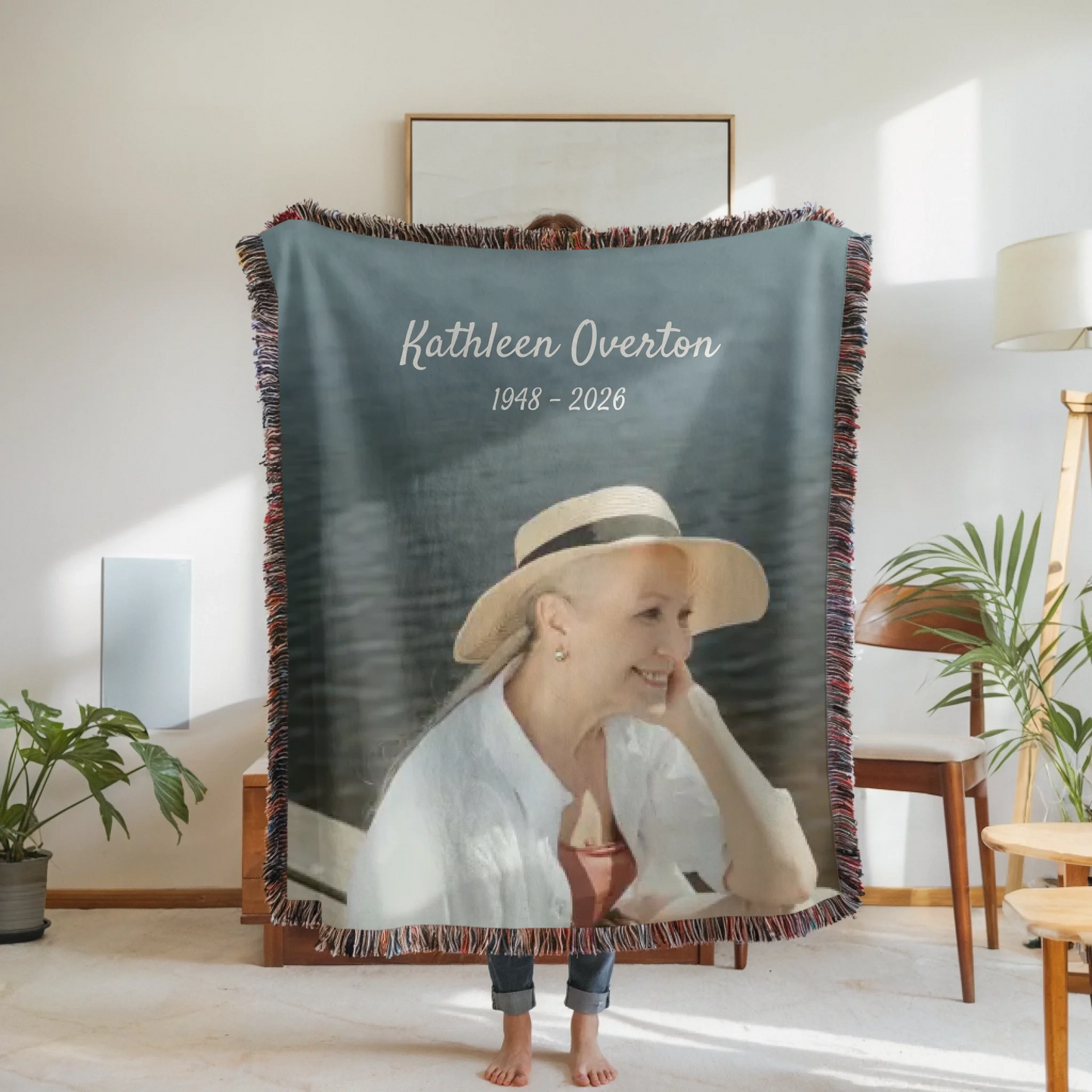 Woven Blanket Woman Holding for use as mockup within TeeinBlue-Background