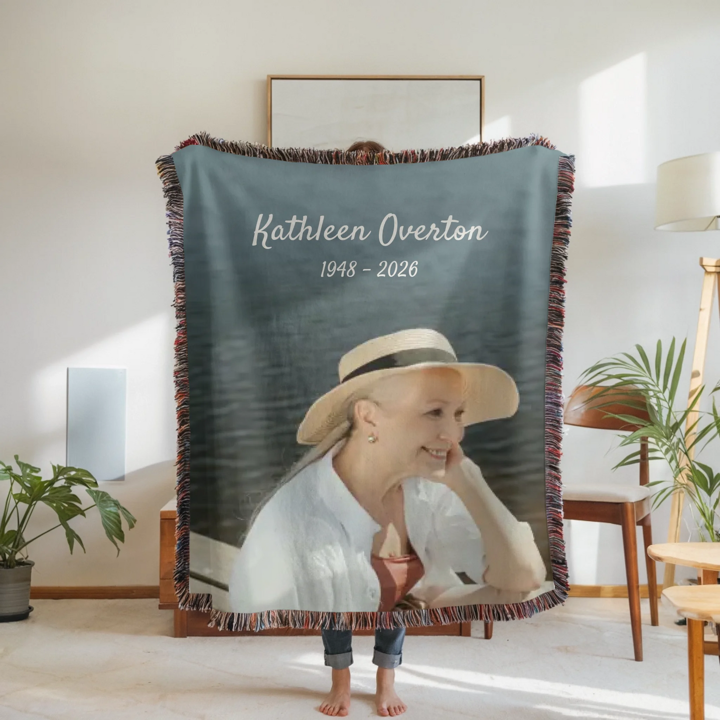 Woven Blanket Woman Holding for use as mockup within TeeinBlue-Background