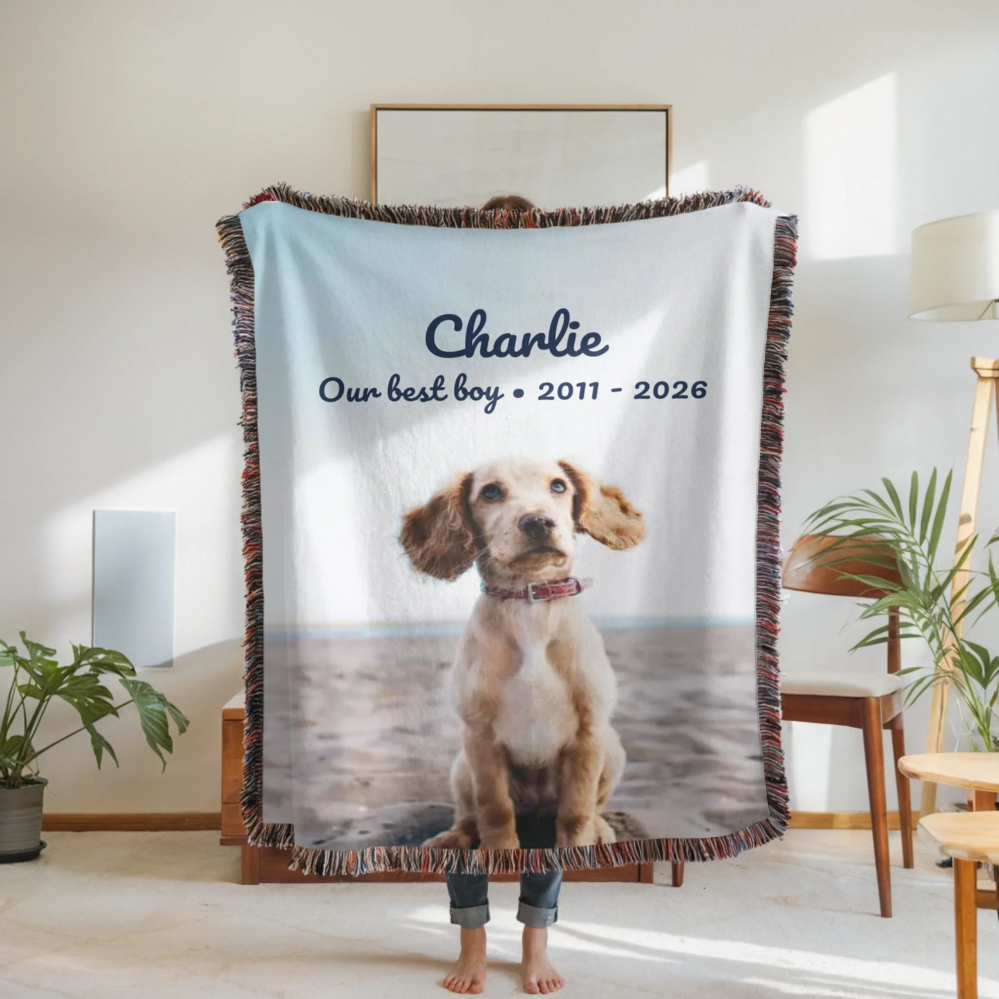Woven Blanket Woman Holding for use as mockup within TeeinBlue-Background