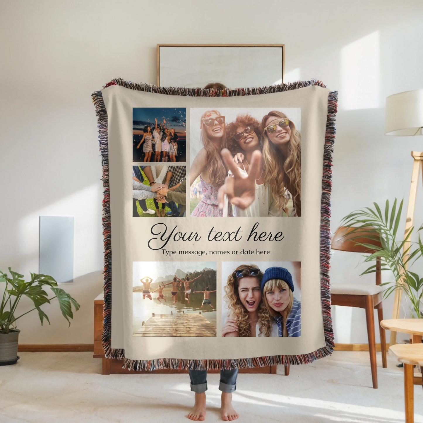 Woven Blanket Woman Holding for use as mockup within TeeinBlue-Background