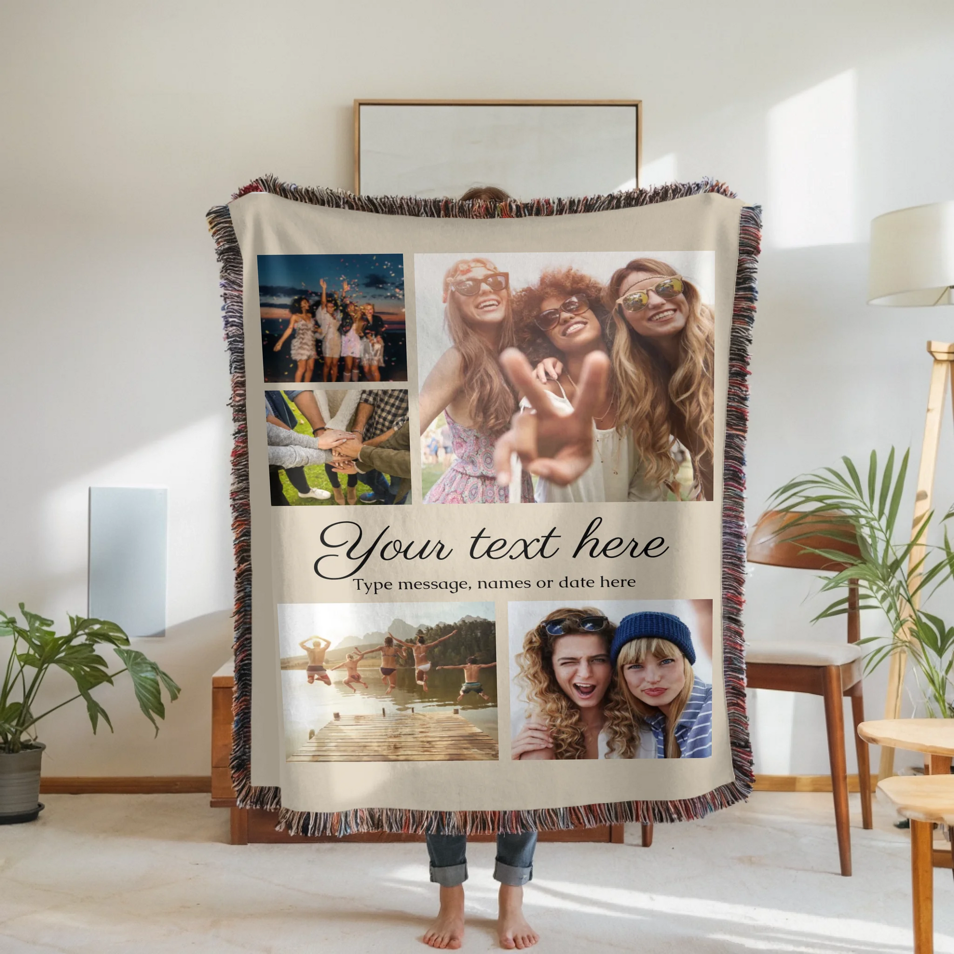 Woven Blanket Woman Holding for use as mockup within TeeinBlue-Background