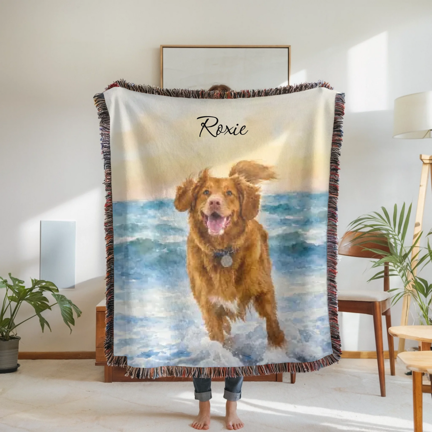 Woven Blanket Woman Holding for use as mockup within TeeinBlue-Background