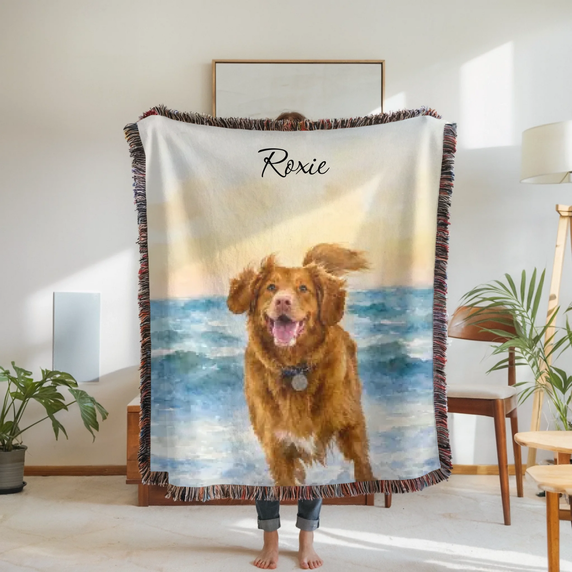 Woven Blanket Woman Holding for use as mockup within TeeinBlue-Background