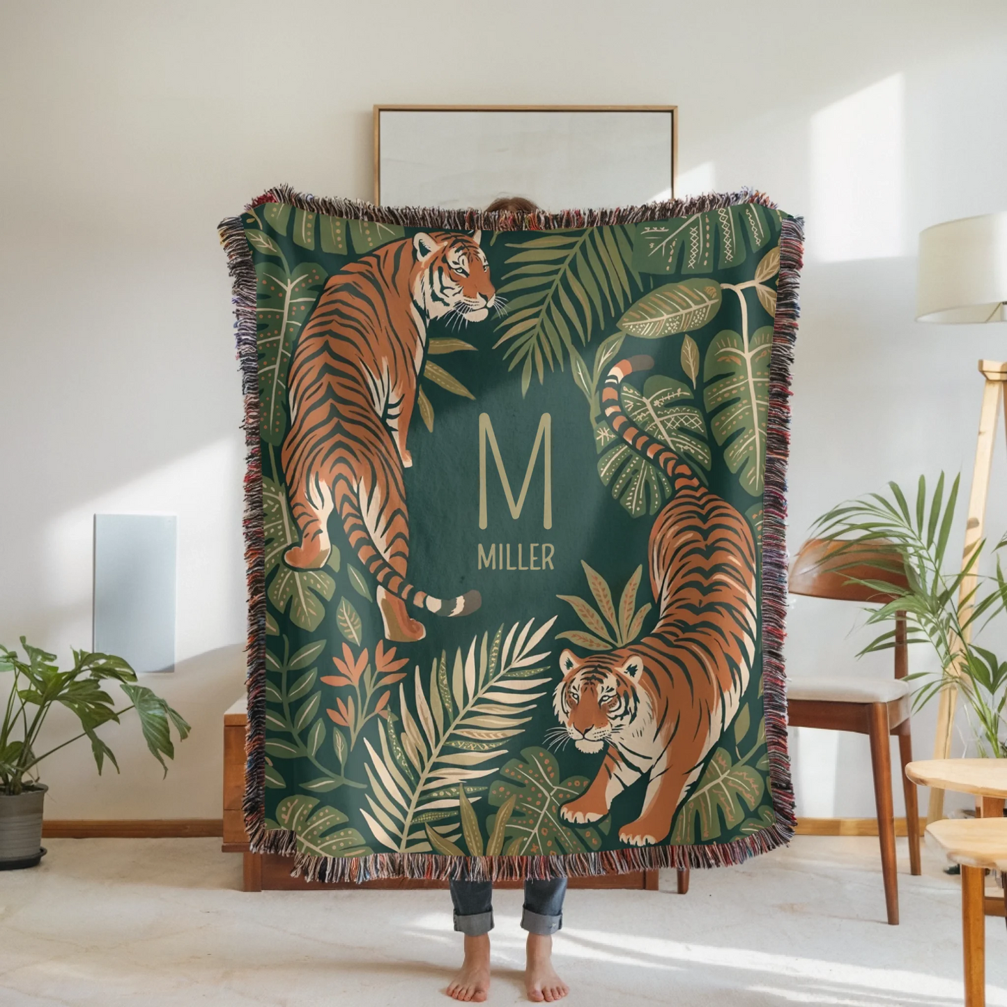 Woven Blanket Woman Holding for use as mockup within TeeinBlue-Background