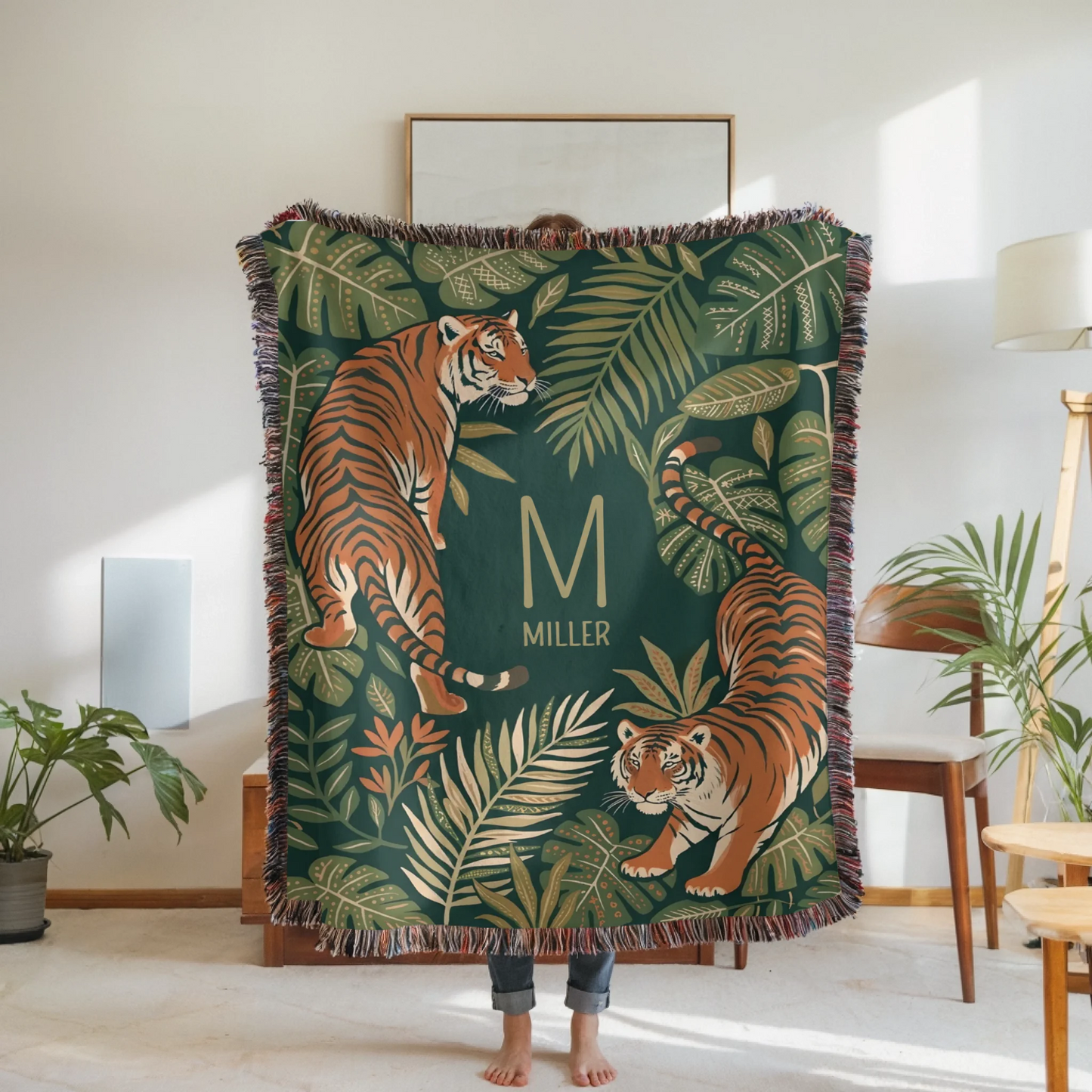 Woven Blanket Woman Holding for use as mockup within TeeinBlue-Background