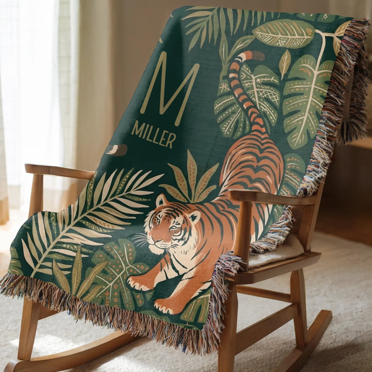 Jungle Tiger Botanical Woven Blanket With Initial Monogram and Last Name - Personalized