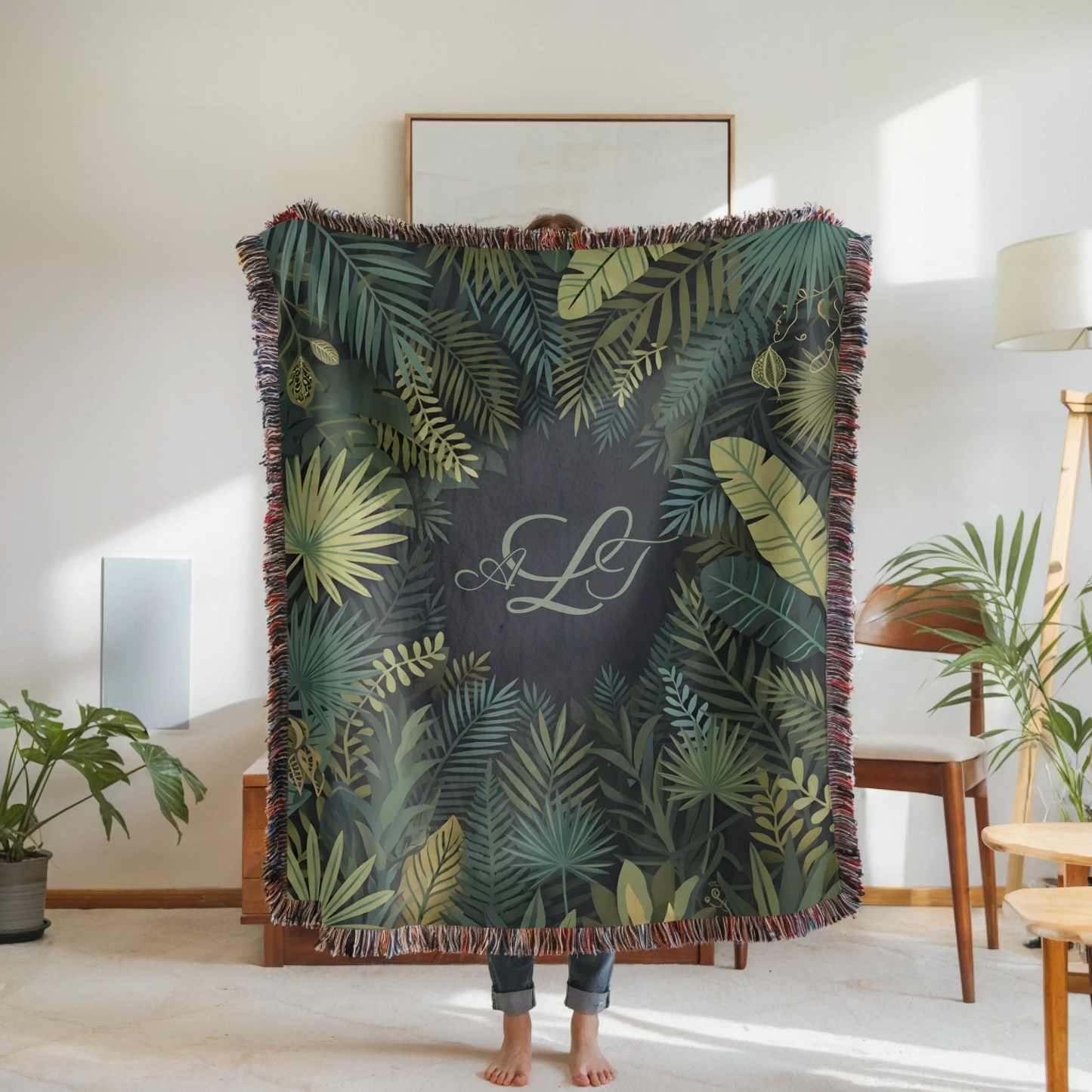 Woven Blanket Woman Holding for use as mockup within TeeinBlue-Background