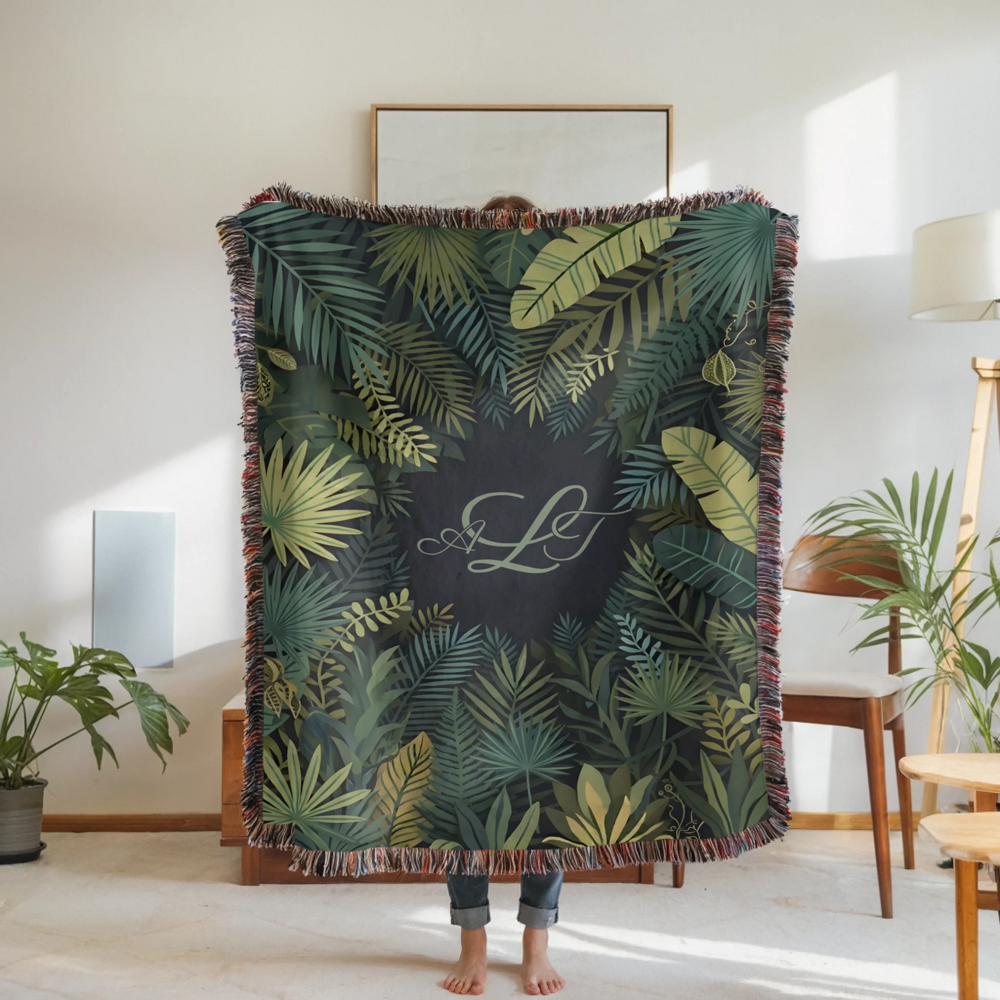 Woven Blanket Woman Holding for use as mockup within TeeinBlue-Background