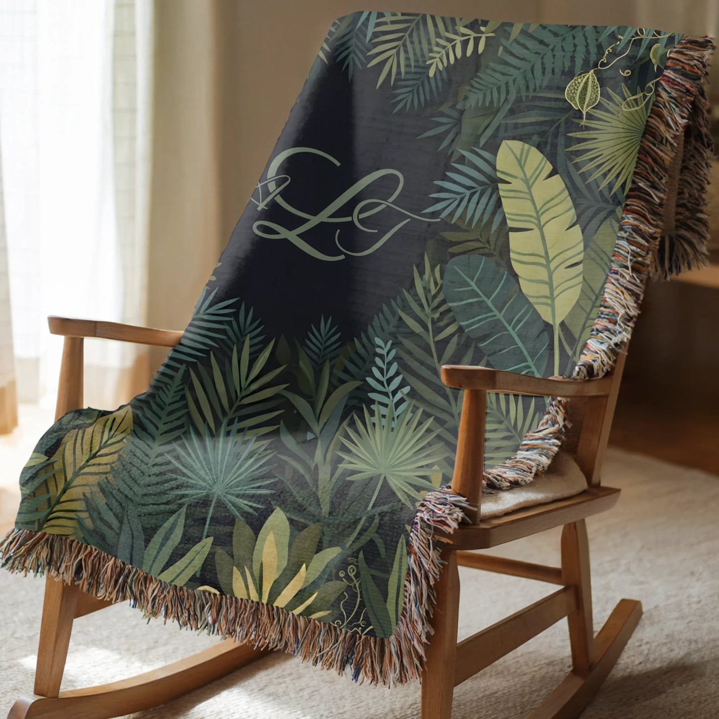 Palm Leaves Botanical Woven Blanket With Choice of Monogram Style - Personalized
